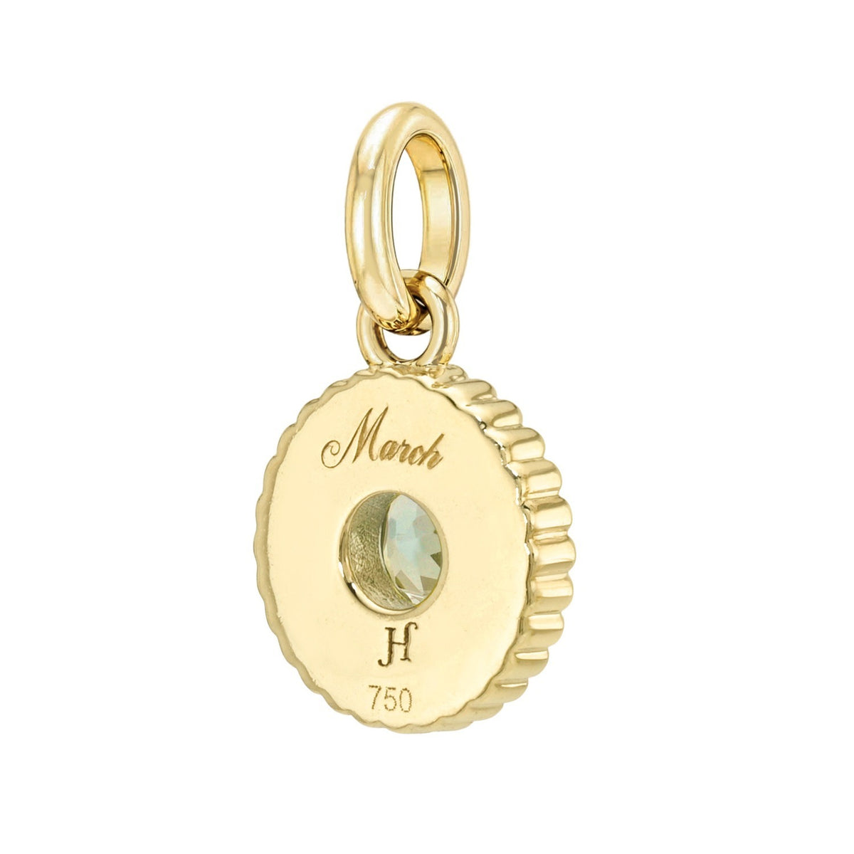 Gold circular Birthstone Charms with a scalloped edge, featuring a central light blue gemstone, the word March, an initial H, and the number 750 engraved on the face.