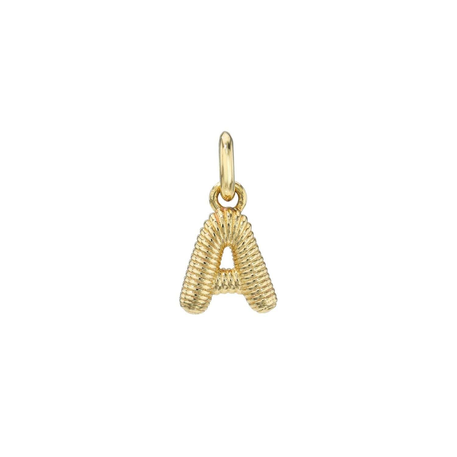 The Mini Ridge Letter Charm is a gold pendant shaped like the letter A, featuring a textured ridged surface and small loop—ideal for adding to necklaces or bracelets. A stylish pick for fans of Janet Heller fine jewelry.