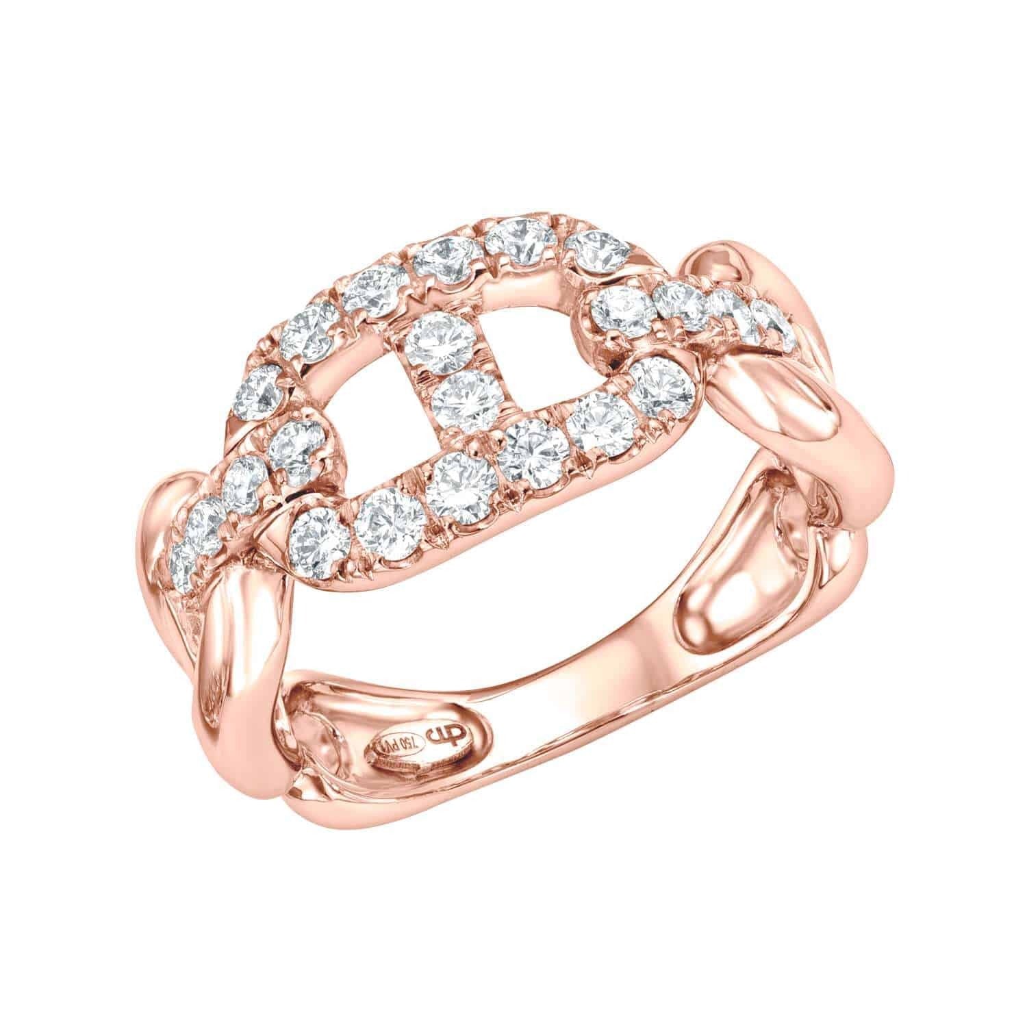Sure! Here’s a rewritten sentence using the provided product data: The Diamond Mariner Link Ring by Janet Heller showcases an interlocking chain design in rose gold, highlighted by an oval center set with small round diamonds. This polished band features an engraved inner stamp and is now available for preorder under SKU RIN-367-4.5-Y for $3,500.00.