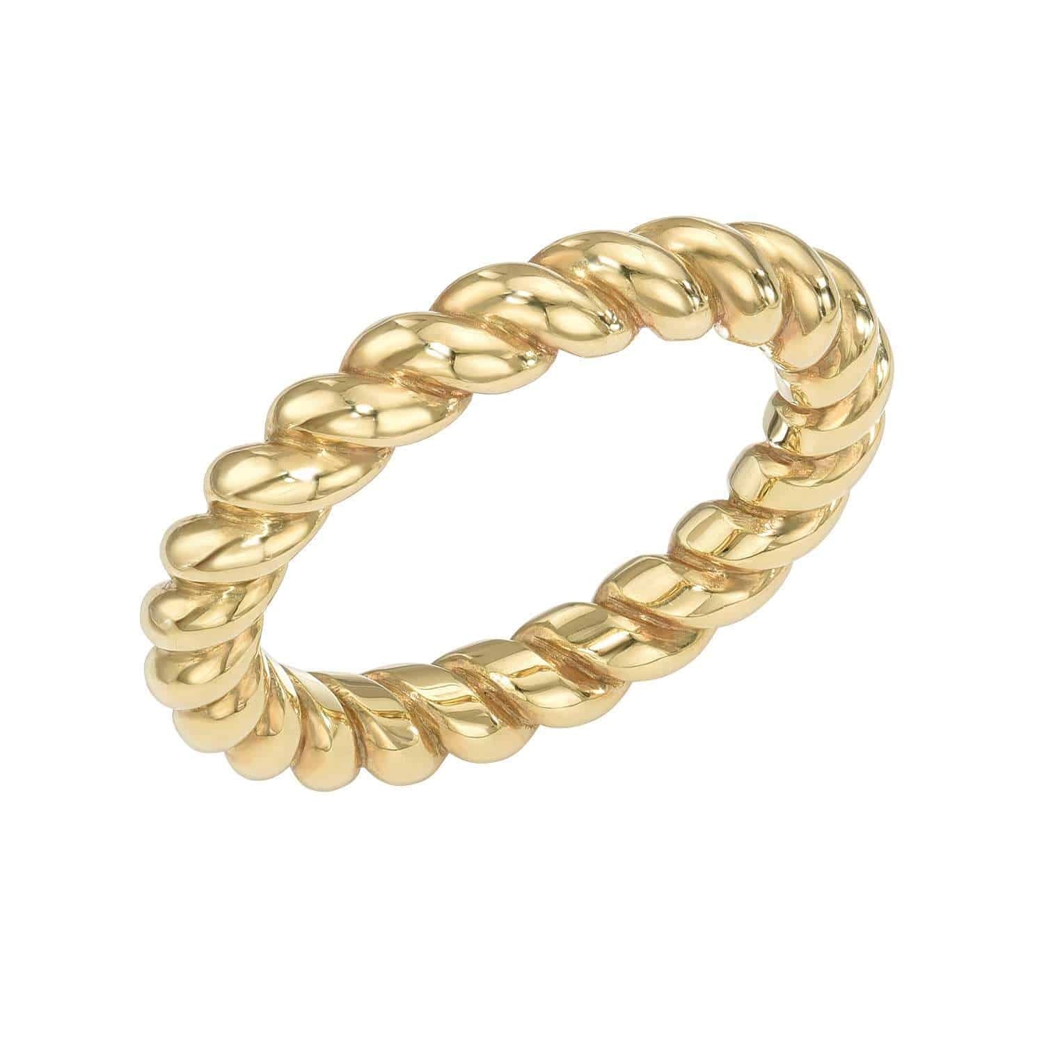 A gold twisted rope-style ring with a shiny, reflective surface, shown on a white background. The Duplicate SKU: Rope Ring (RIN-392-5-Y) from Janet Heller Fine Jewelry is available for preorder at $2025—please specify your ring size when ordering.