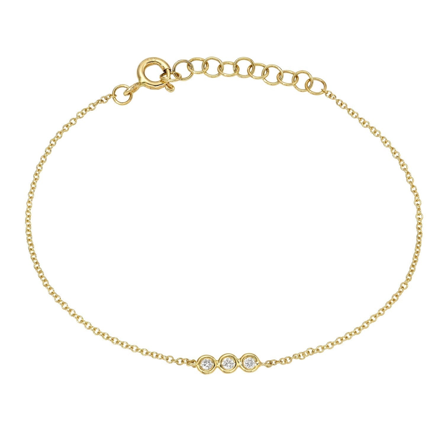 The 3 Diamond Bezel Set Bracelet showcases three small round diamonds set in a row at the center within classic bezel settings, crafted in delicate 14KT gold and finished with an adjustable clasp. A timeless creation by Janet Heller Fine Jewelry.