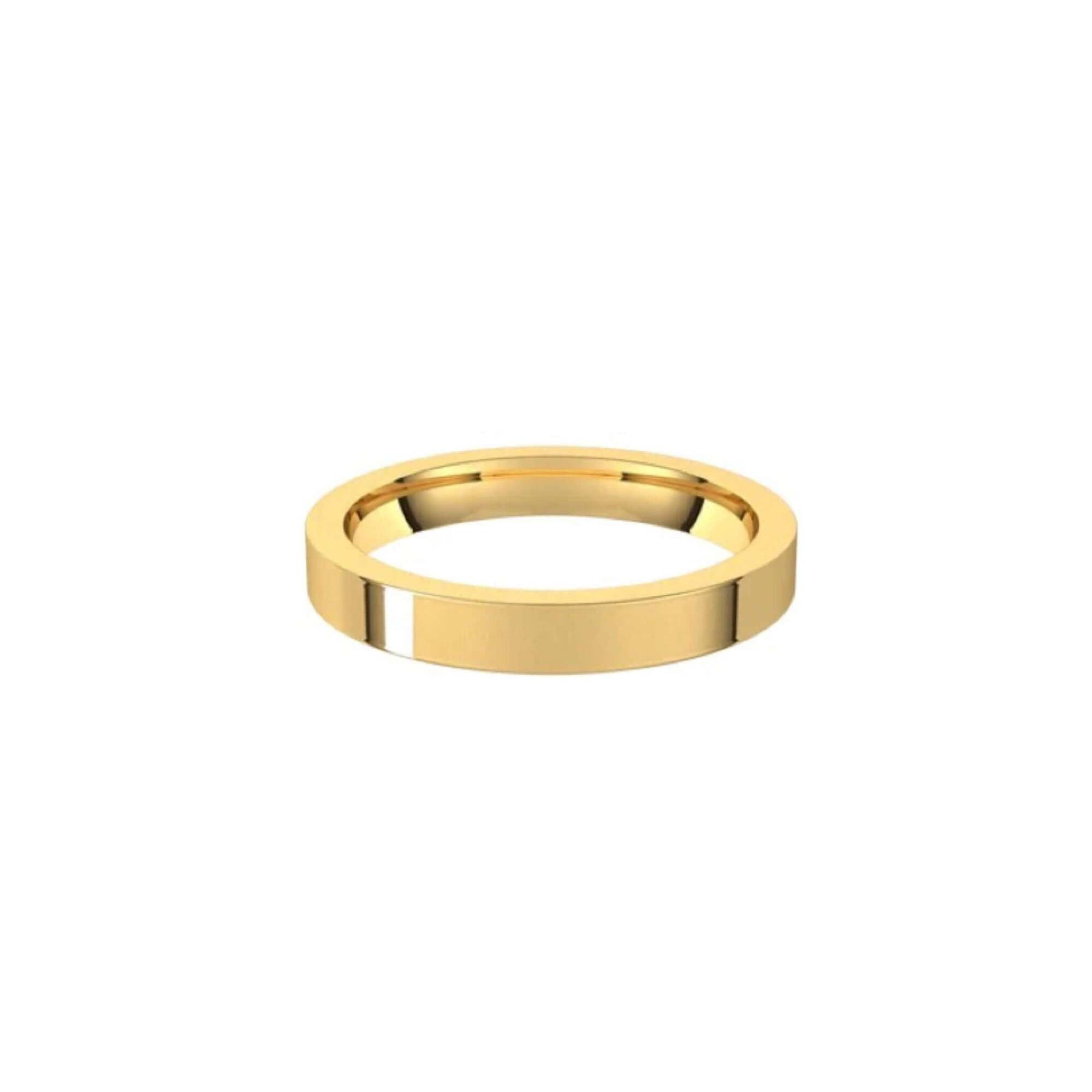 A 3mm Flat Wedding Ring with a plain, polished gold design and a flat outer surface is centered on a white background.