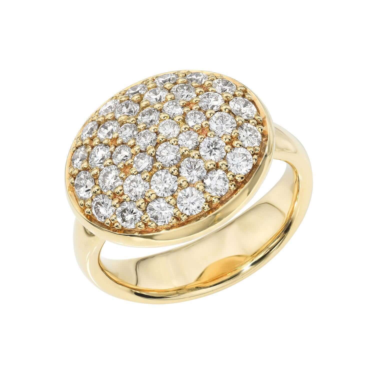 This elegant Pave Diamond Oval Ring from Janet Heller Fine Jewelry features a large, oval-shaped top encrusted with sparkling pavé-set white diamonds arranged in a clustered pattern and can be preordered in your preferred ring size.