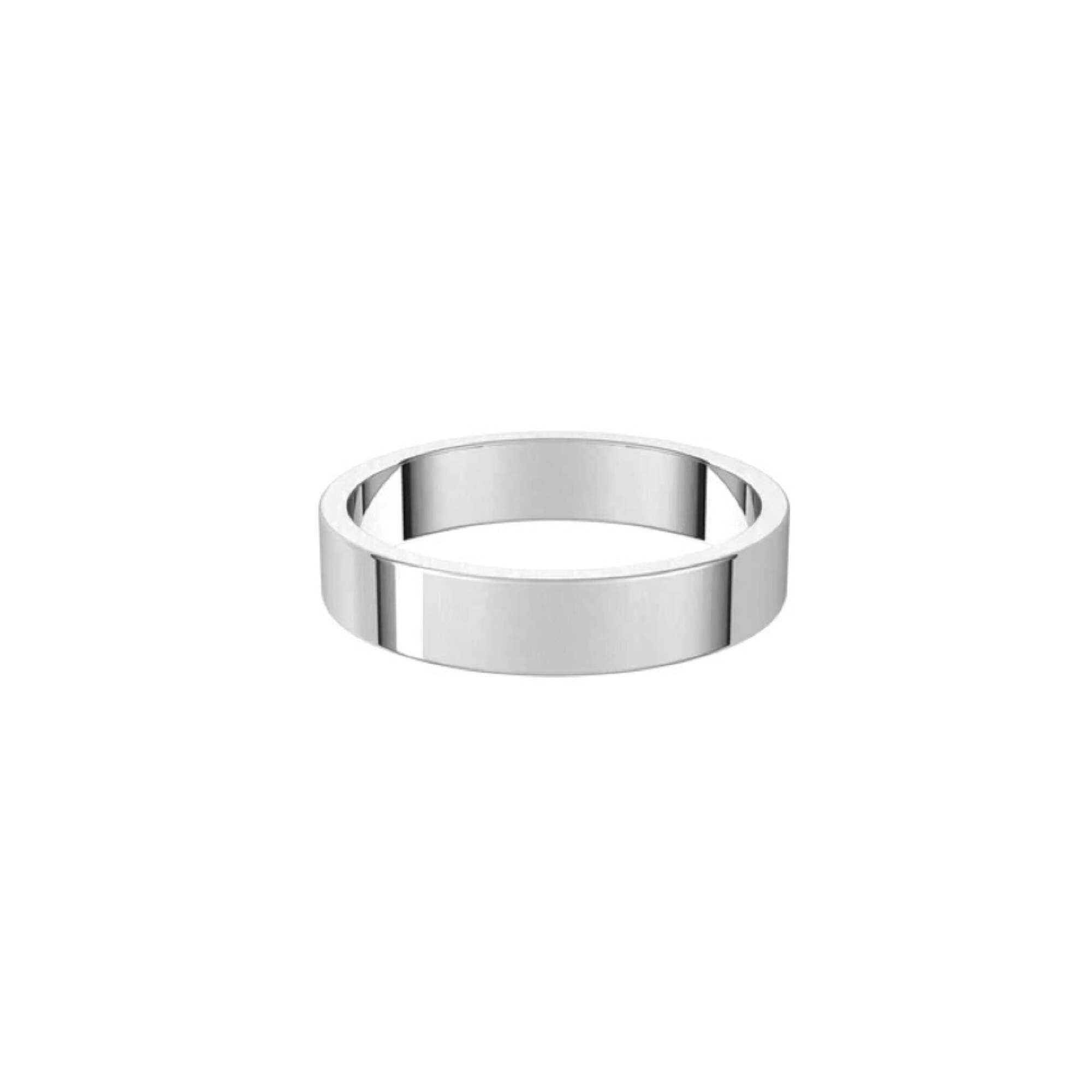 A 4mm Flat Wedding Ring, featuring a plain and polished silver band, displayed on a white background and viewed from a slightly elevated angle.