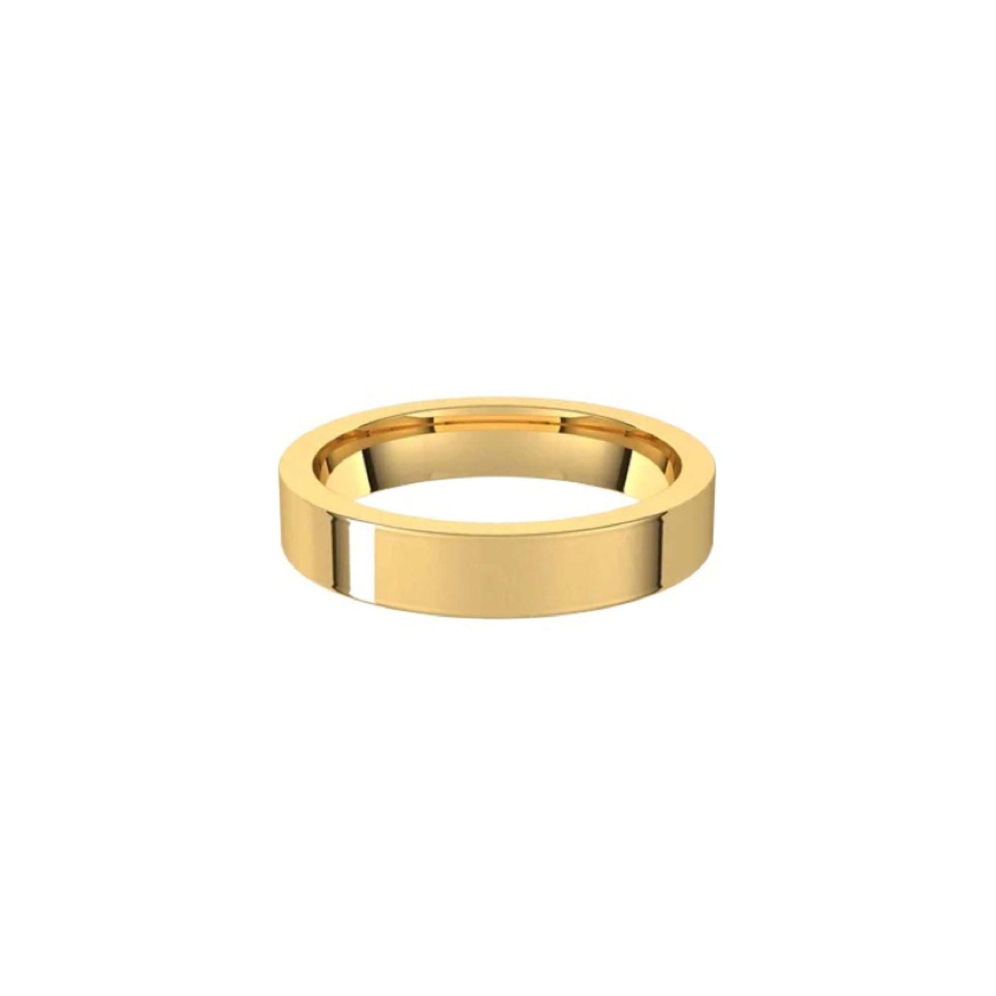 The 4mm Flat Wedding Ring features a simple, polished gold design with a smooth, flat surface, shown against a plain white background.