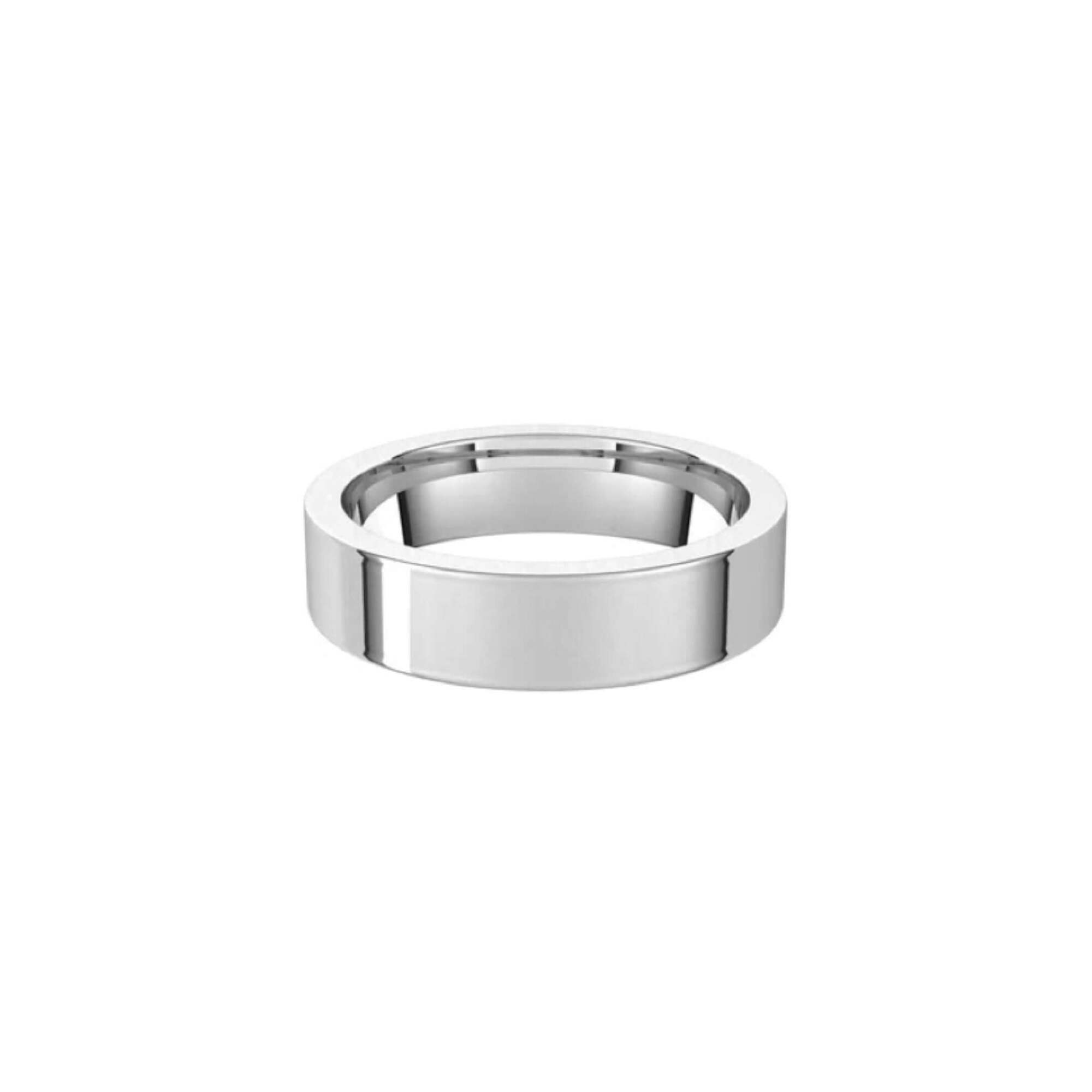 The 5mm Flat Wedding Ring, featuring a smooth and shiny silver finish, is displayed against a white background.