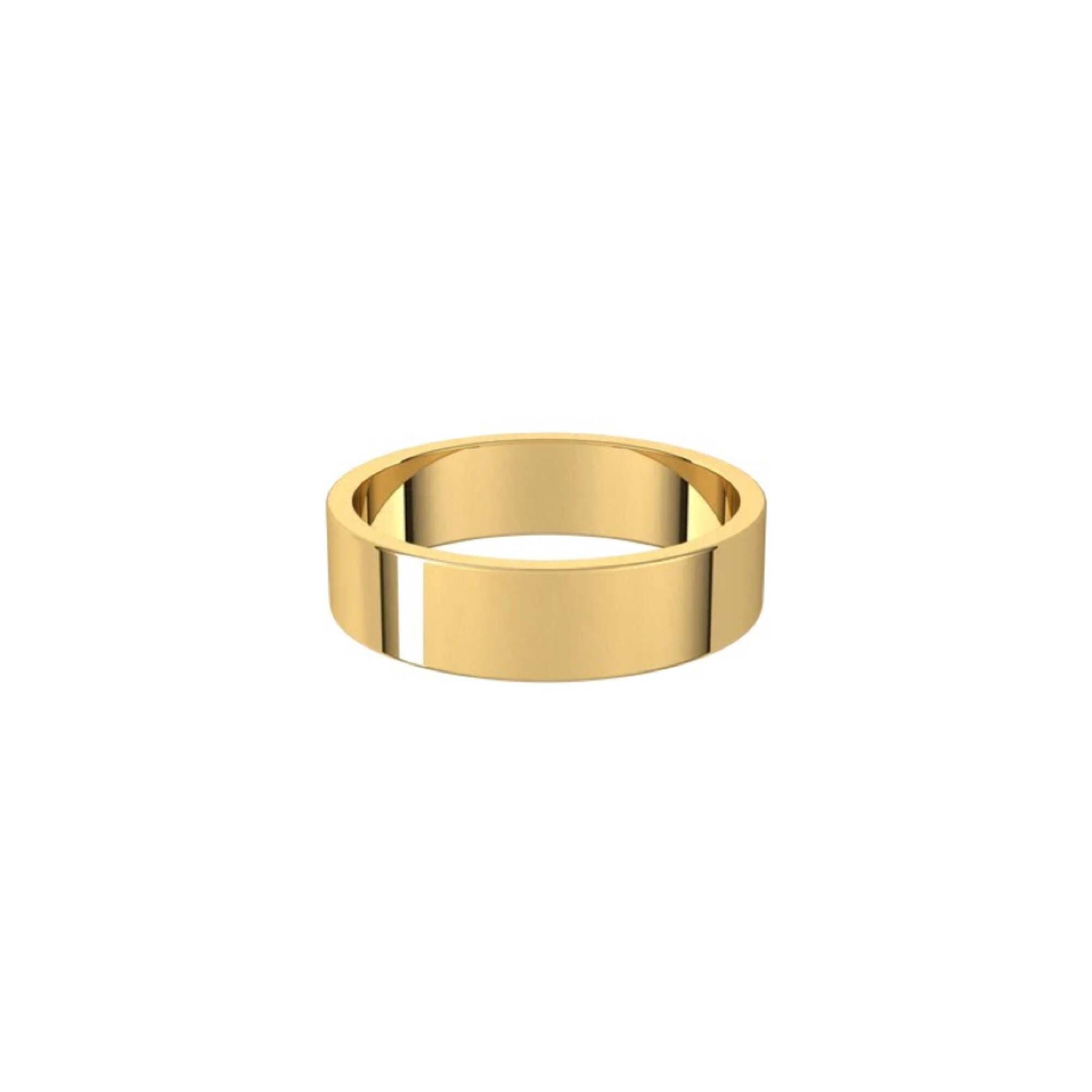 A sleek 5mm Flat Wedding Ring crafted in polished gold with a smooth, flat surface and no engravings, presented against a plain white background—this classic design is the ideal choice for a timeless men's wedding ring.