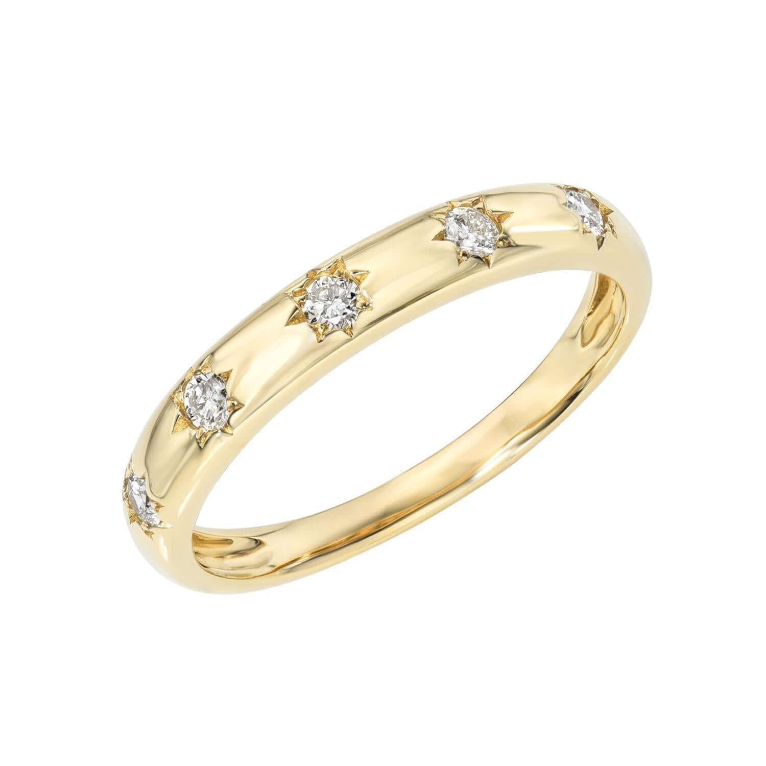 The Twinkle Star Diamond Ring is a gold band adorned with evenly spaced round diamonds, each set in star-shaped engravings around the ring. Shown on a white background, this stunning fine jewelry piece by Janet Heller is available for preorder.
