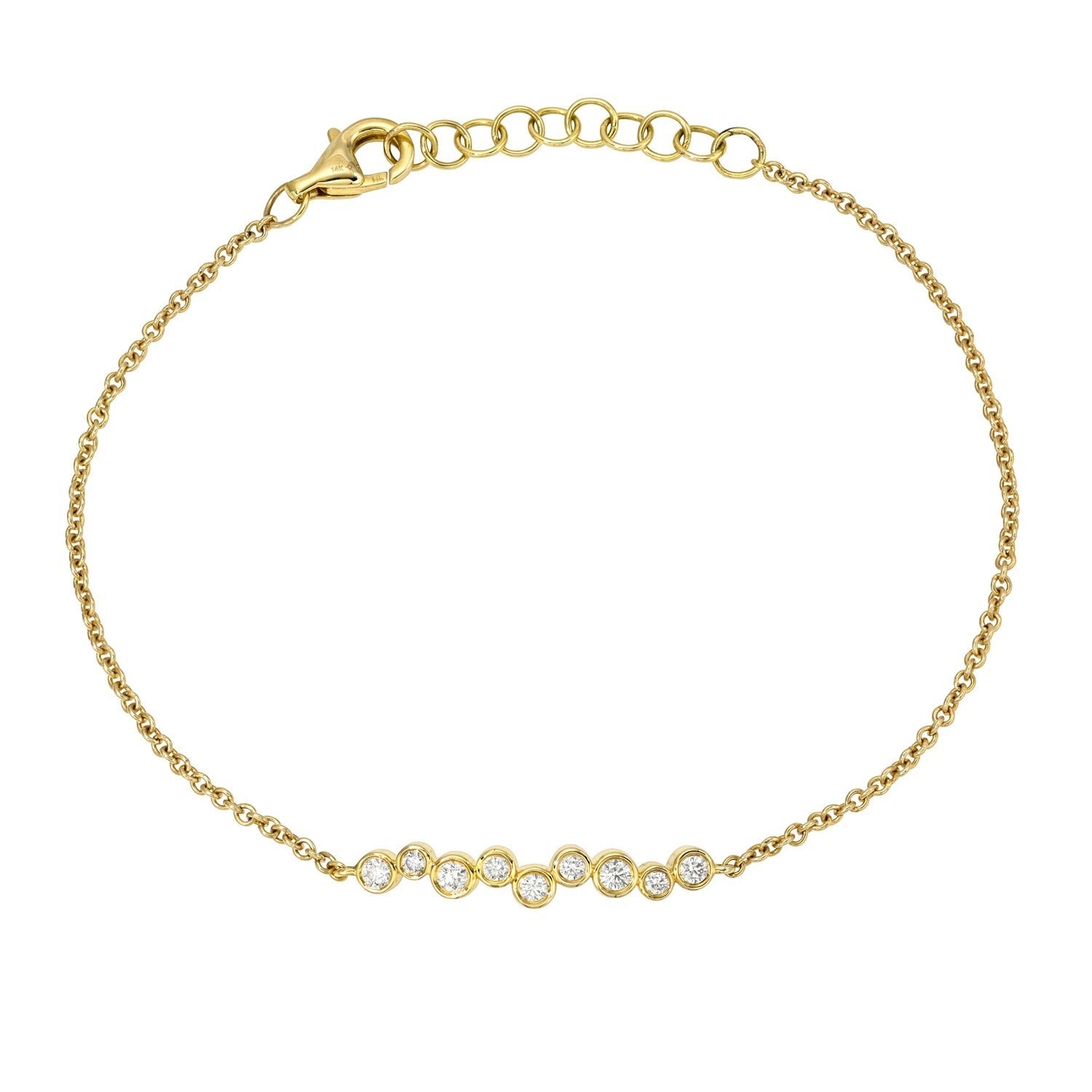 Discover timeless sophistication with the 9 Diamond Layla Bracelet from Janet Heller Fine Jewelry. Crafted in delicate 14KT gold and secured with a lobster clasp, this elegant piece features nine small, round white diamonds set in a graceful row at the center—an exquisite take on the classic diamond bracelet.
