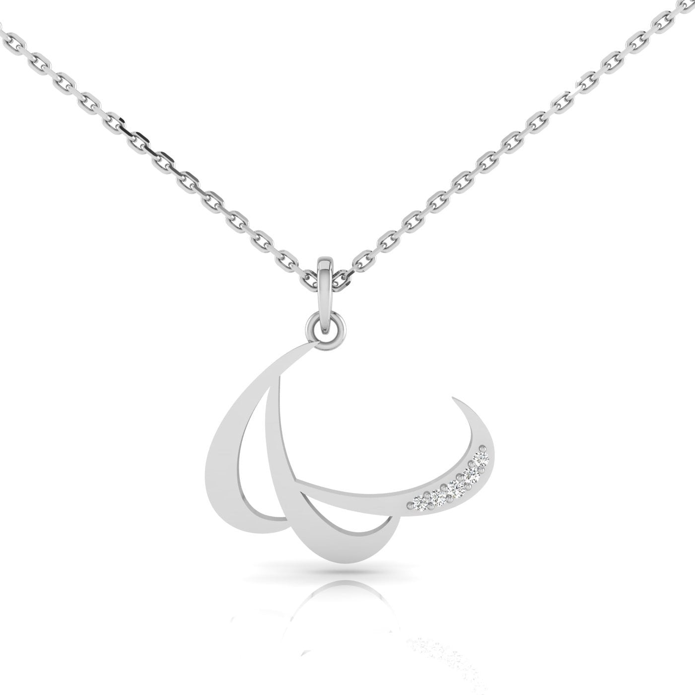 Triad Necklace featuring an abstract, curved pendant with a smooth finish and small embedded crystals on one side, displayed against a white background.