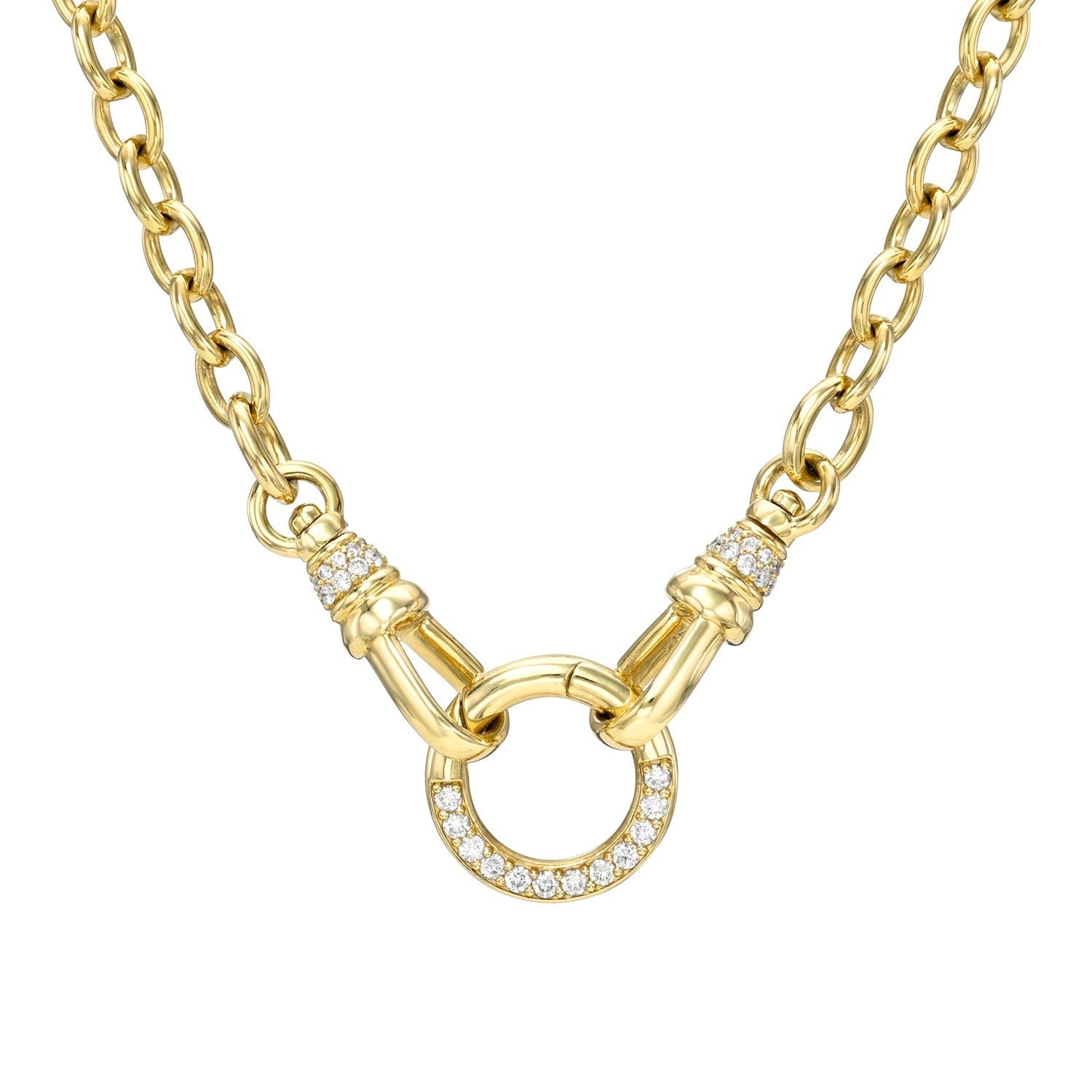 Diamond Donut Small Link Necklace featuring a circular "Diamond Donut" pendant adorned with small diamonds and connected by two clasp-like attachments on either side—a signature piece from Janet Heller Fine Jewelry.