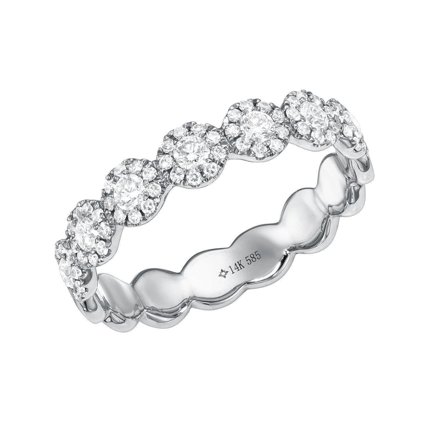 The Diamond Leah Ring features round diamond clusters set in a row on a white gold band stamped 14K 585. Contact us to preorder or for custom ring sizes.