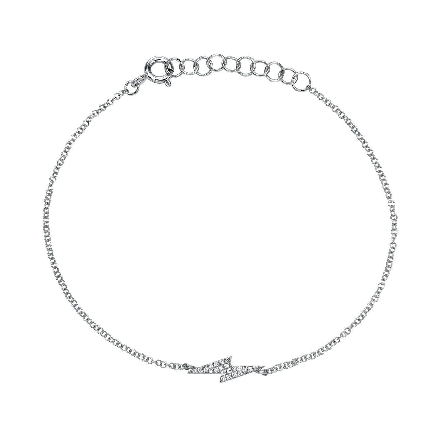 Diamond Lightning Bolt Bracelet featuring a delicate silver chain, a small lightning bolt-shaped charm embellished with sparkling clear crystals, and an adjustable clasp.