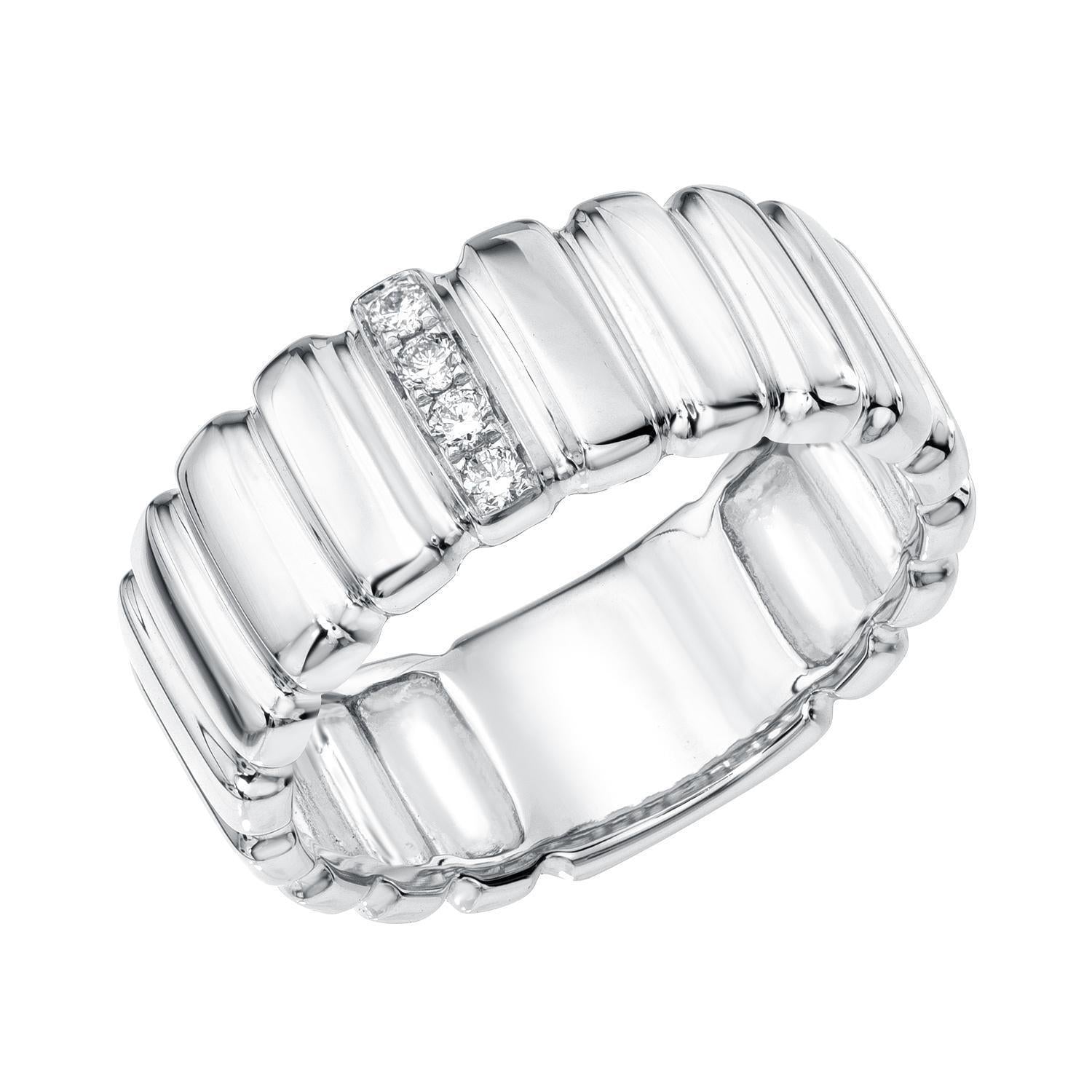 The Diamond Ridge Rio Ring by Janet Heller features a wide, ridged silver band adorned with three small round diamonds in a horizontal row. Available for preorder.