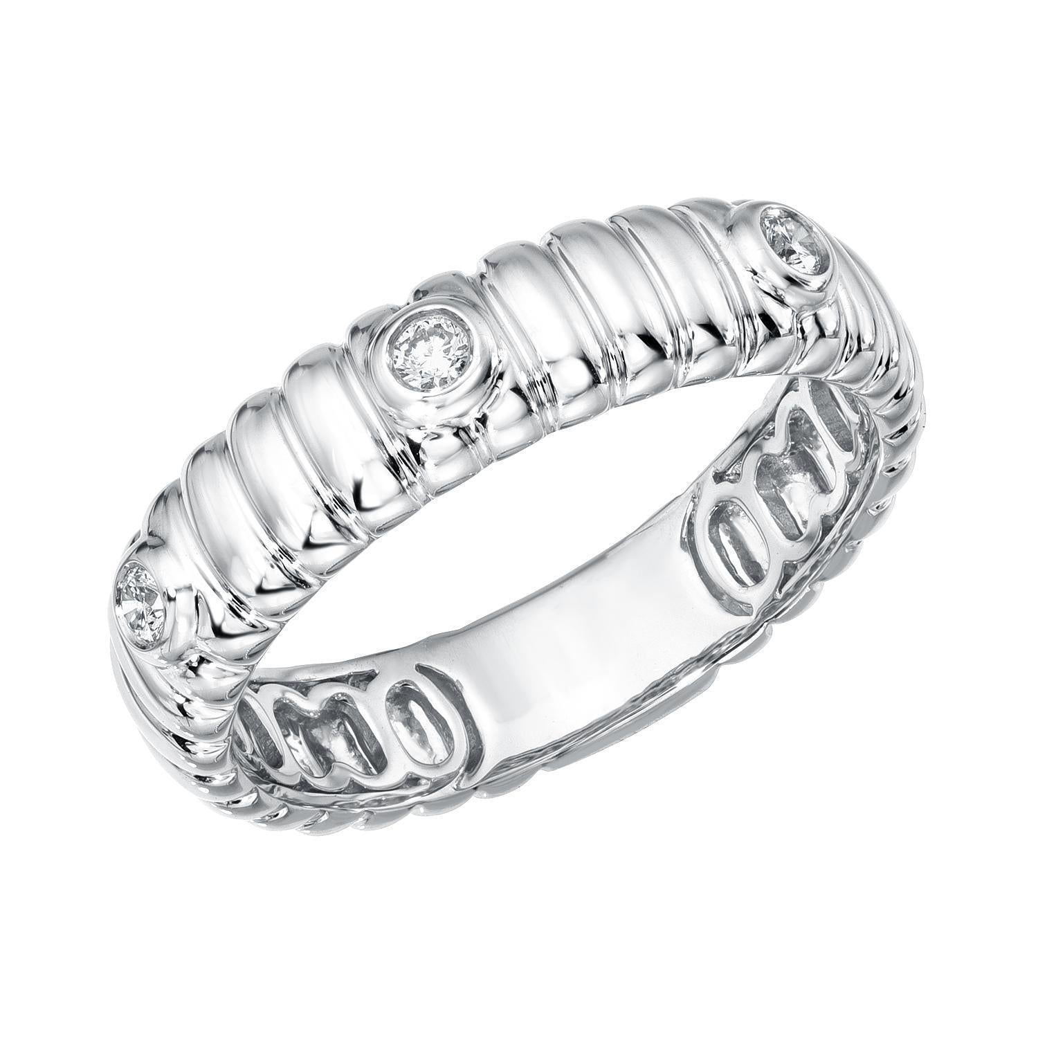 The Diamond Rowan Bezel Ridge Band is a silver ribbed ring with a polished finish, showcasing evenly spaced round diamonds set into the band—a fine jewelry creation by Janet Heller.