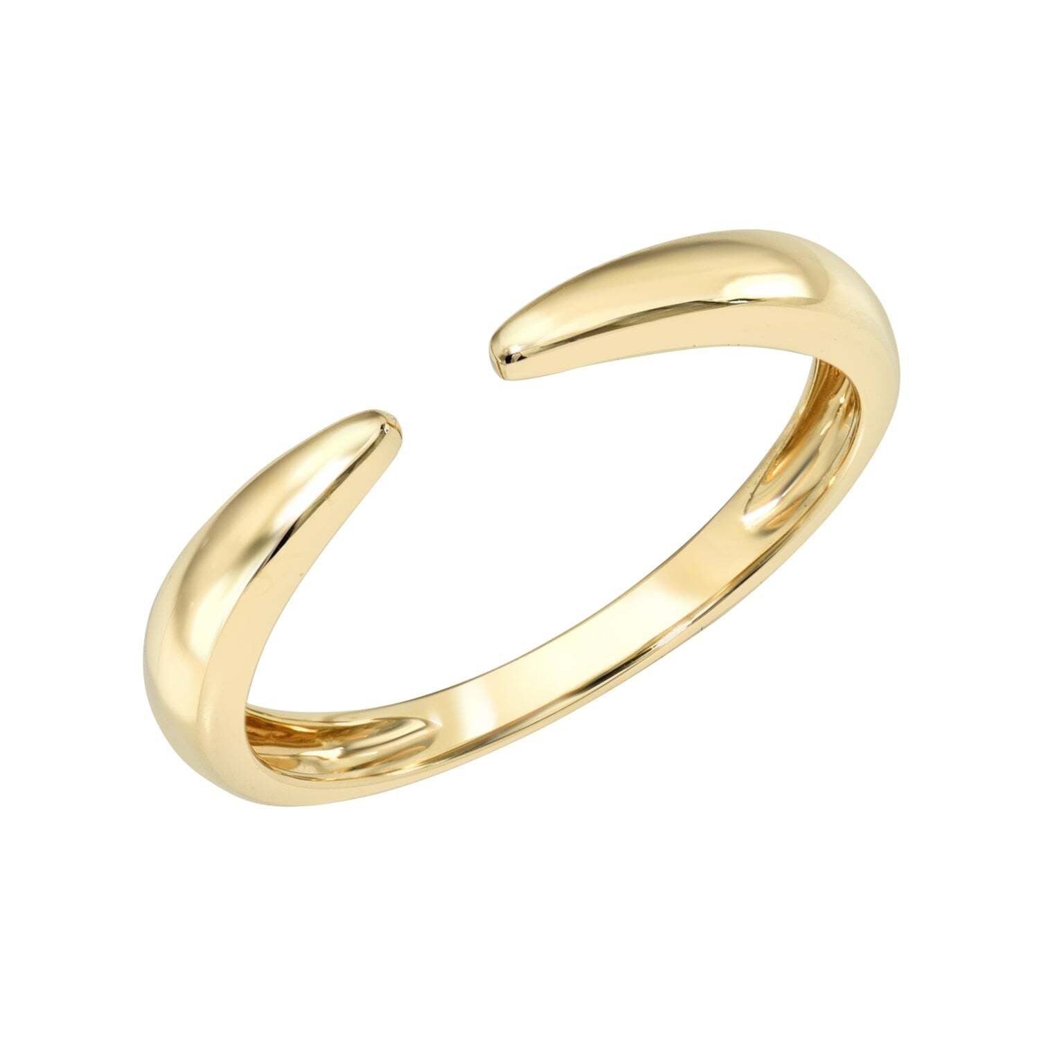 The Open Plain Gold Cuff Ring by Janet Heller Fine Jewelry features smooth, rounded ends and a polished finish. Displayed on a white background, it’s available for preorder in your preferred ring size.