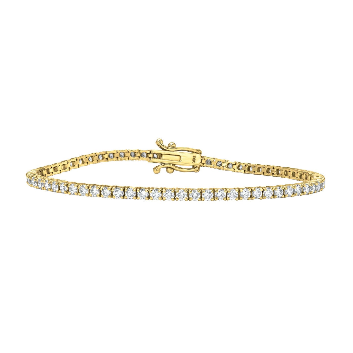 The 3ct Round Diamond Tennis Bracelet from Janet Heller Fine Jewelry is crafted in 14KT gold. The bracelet features  small diamonds in a continuous line and is available in both lab grown and natural diamonds.  The bracelet can be worn on its worn or layered with other bracelets.