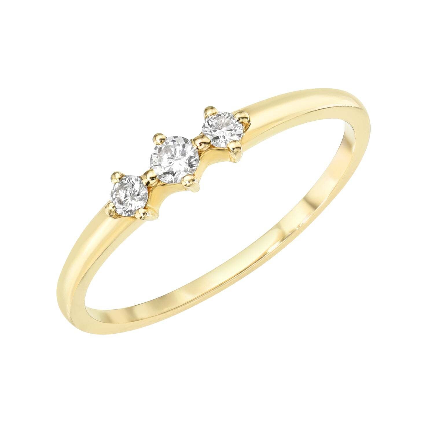 Introducing the Diamond Ingrid Ring from Janet Heller Fine Jewelry—a stunning gold ring showcasing three round diamonds in a classic row, with a slightly larger center diamond flanked by two smaller stones. The polished, minimalist band is available in multiple ring sizes and can be easily preordered for a custom fit.