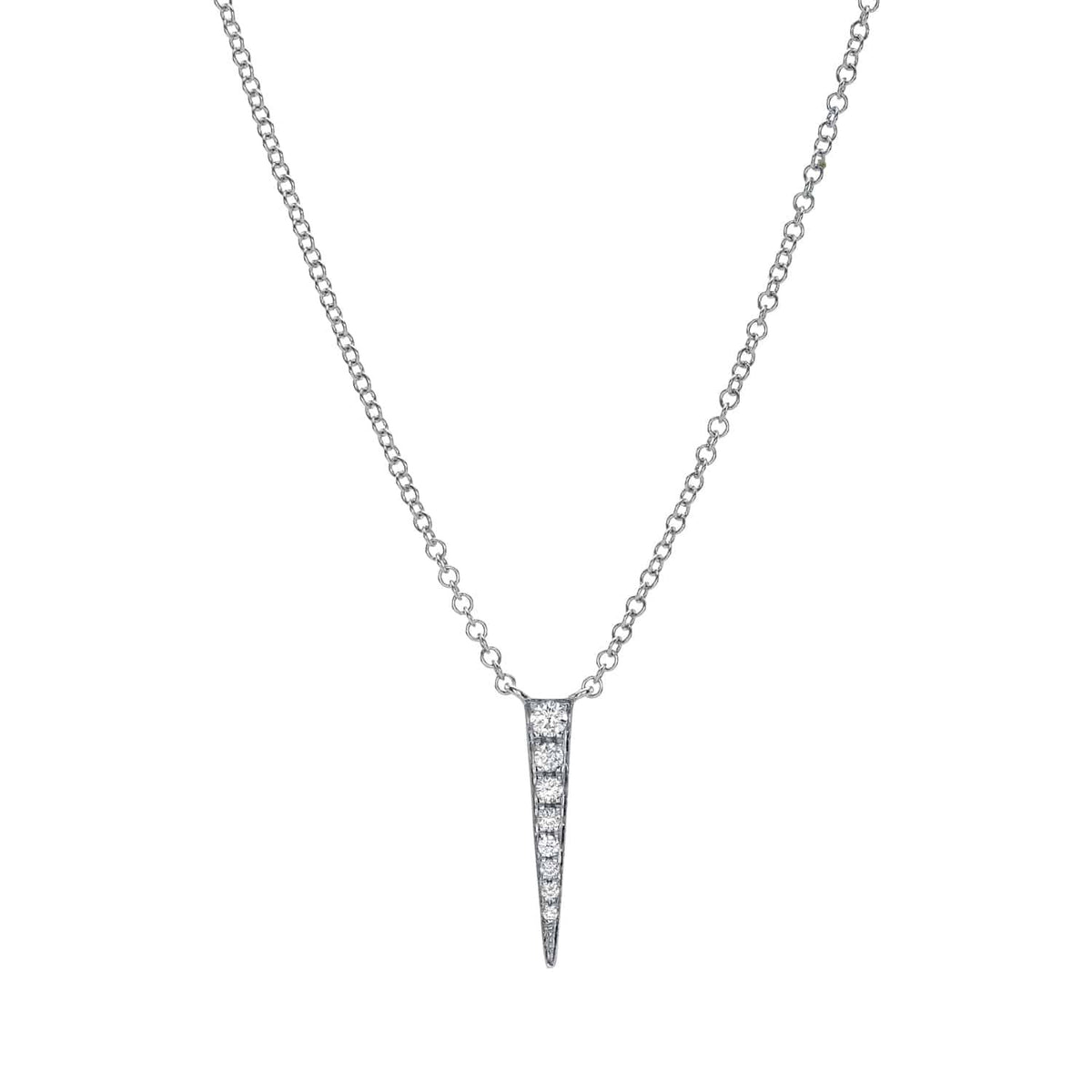The 14KW Mini Diamond Dagger Necklace from Janet Heller Fine Jewelry features a delicate silver chain and a sleek, modern pendant that tapers to a point at the bottom. The vertical pendant is encrusted with small, sparkling diamonds and widens at the top for an elegant, contemporary look.