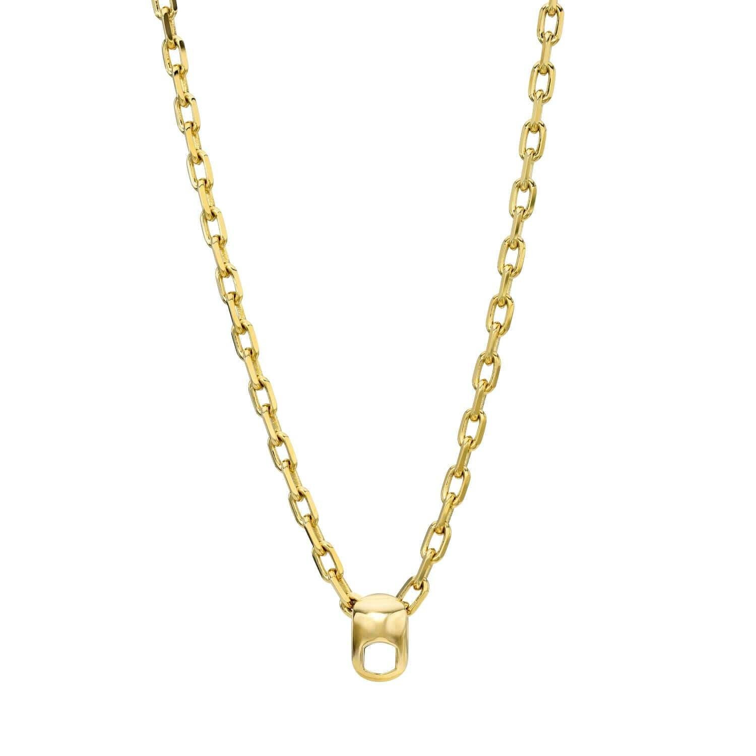 The Sliding Link Chain Necklace from Janet Heller Fine Jewelry features a gold pop tab-shaped pendant at the center, evoking playful jewelry charms, and is photographed against a white background.