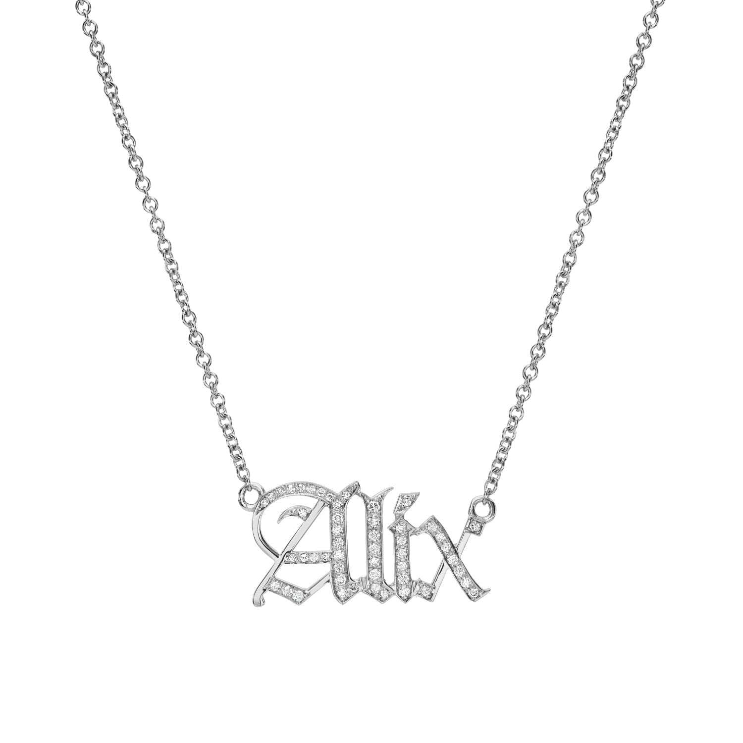 Personalized jewelry at its finest, the Diamond Old English Name Necklace features a pendant spelling “Alix” in ornate Old English script, encrusted with small clear stones on a simple silver chain and beautifully displayed against a white background.