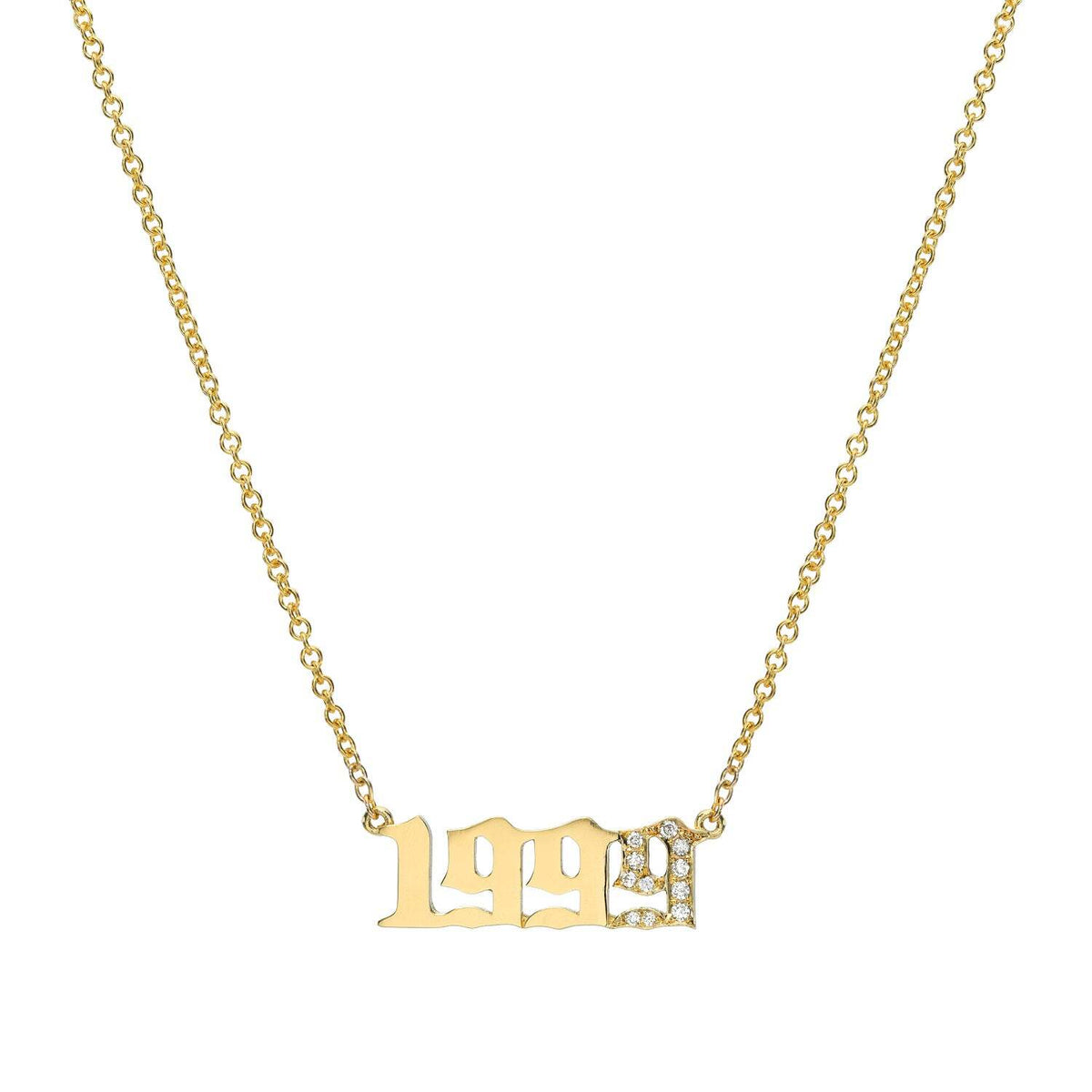 Introducing the Diamond Year Necklace—a gold chain necklace featuring a pendant that displays the year 1999 in stylized numbers, with the final “9” embellished with dazzling diamond accents. This unique piece of jewelry is perfect for anyone looking for personalized accessories that celebrate a meaningful moment in time.