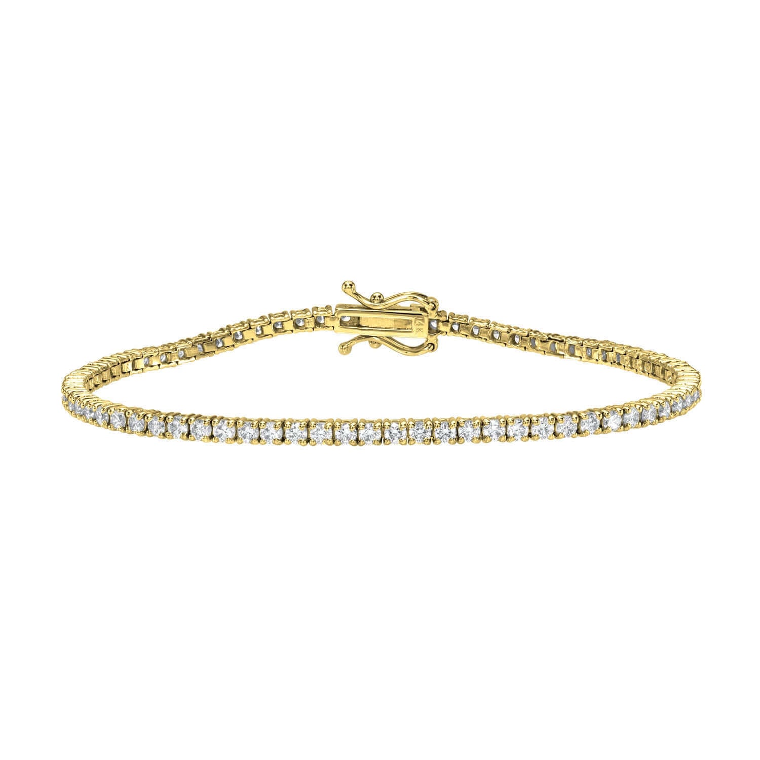 The 2ct Round Diamond Tennis Bracelet is a slim gold bracelet featuring a single row of small, round, lab-grown diamonds and a secure central clasp—an elegant piece of fine jewelry.