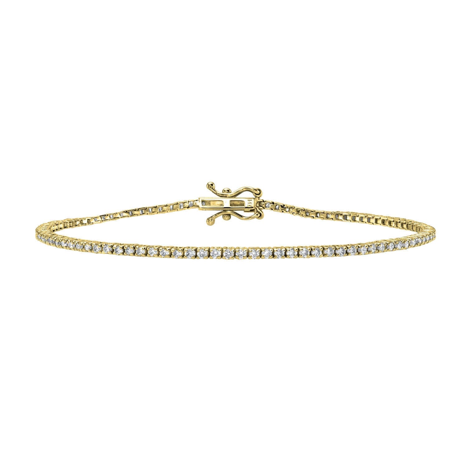 The 1ct Round Diamond Tennis Bracelet is a delicate gold piece featuring a single row of sparkling natural diamonds and a secure clasp, elegantly displayed on a white background—a timeless fine jewelry accessory.