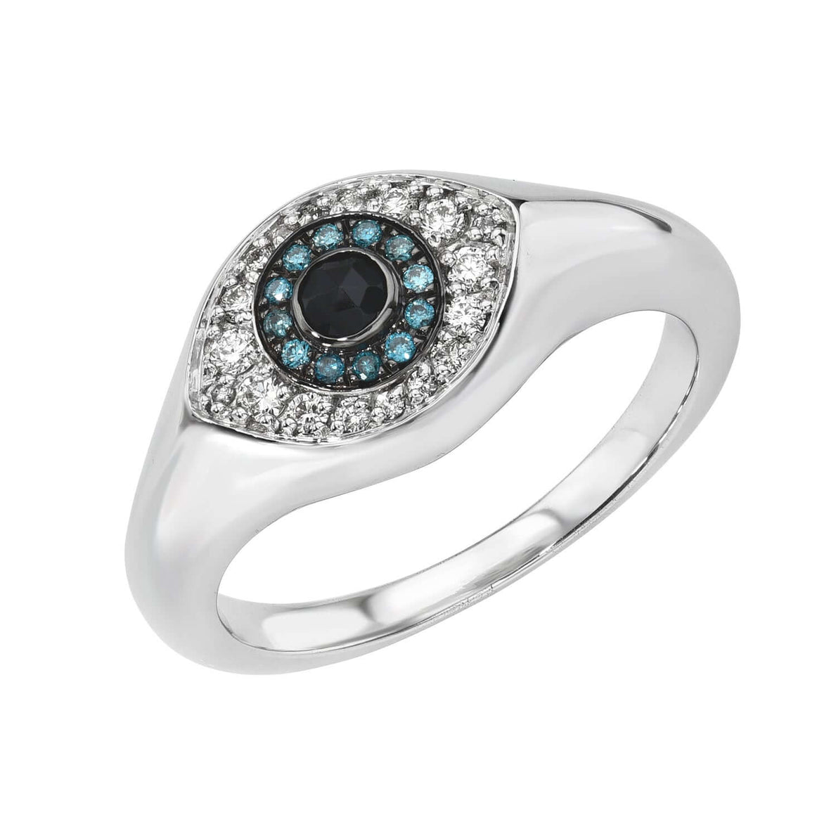 Explore the exquisite beauty of Janet Hellers Blue Diamond Evil Eye Pinky Ring. This silver preorder piece features a central dark stone surrounded by blue and clear stones forming a captivating eye-shaped design.