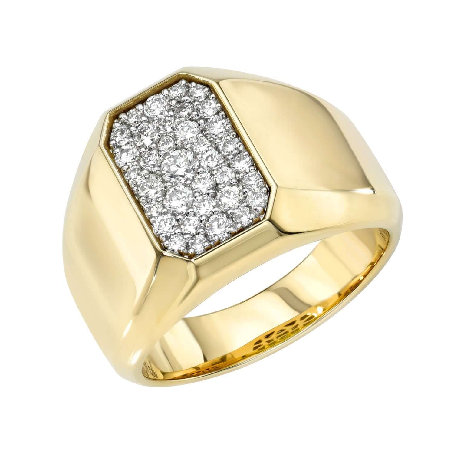 The Chunky Diamond Rectangle Pinkie Ring from Janet Heller Fine Jewelry features a gold band with a rectangular top showcasing a cluster of closely set, sparkling diamonds. Available for preorder, this ring can be customized to your desired size.