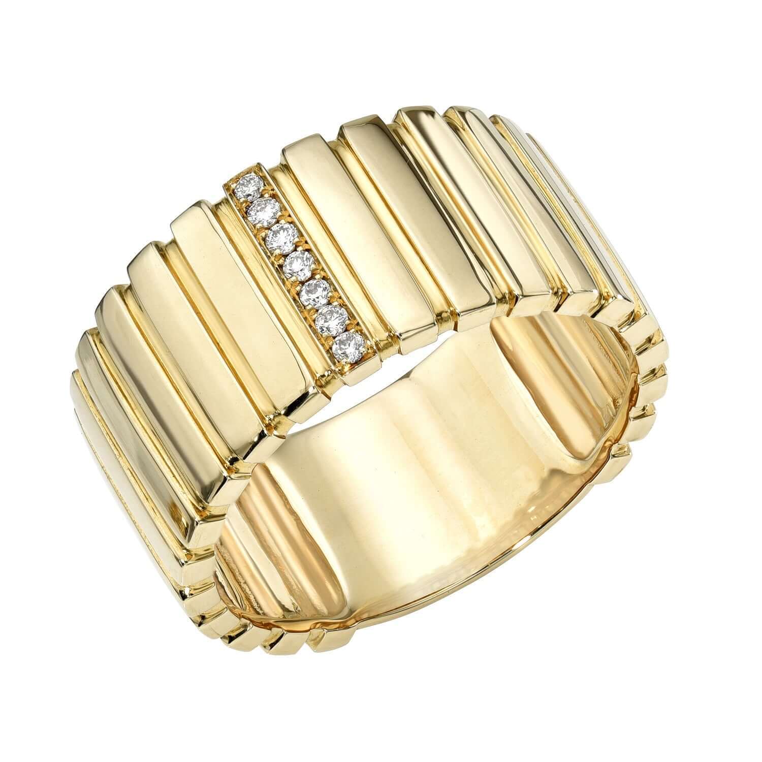 The Chunky Diamond Bars Ring features a wide gold band with evenly spaced vertical ridges and a row of small round diamonds set in a line across the center. This Janet Heller Fine Jewelry design can be made to order in your preferred ring size—simply preorder the ring for a truly personalized touch.