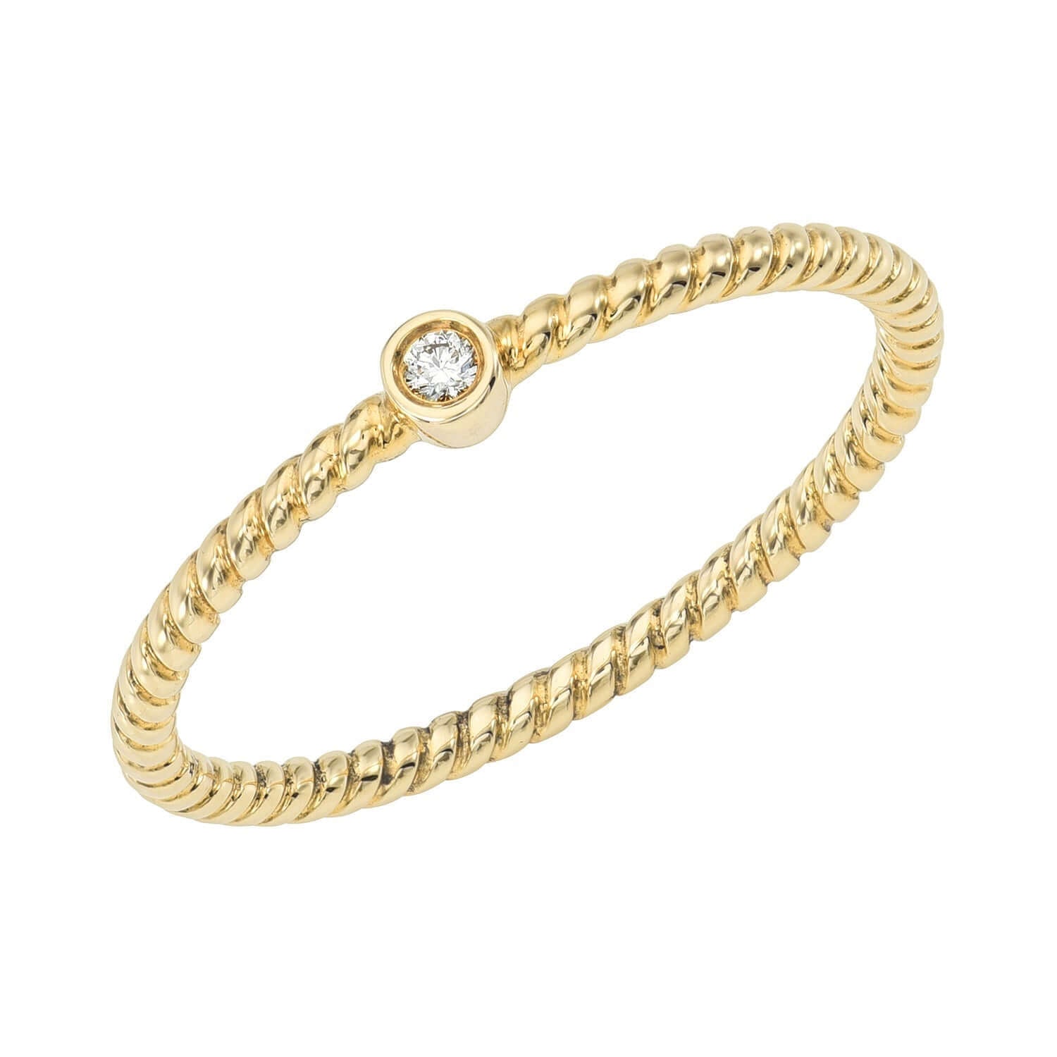 Introducing the Micro Bezel Diamond Bubble Ring by Janet Heller—a delicate gold twisted band ring showcasing a single small round diamond in a bezel setting. This exquisite piece of fine jewelry is available as a preorder ring.