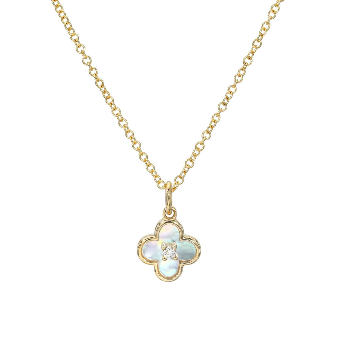 The Mother of Pearl Clover Necklace from Janet Heller Fine Jewelry is crafted in 14KT gold.  The delicate chain features a clover-shaped pendant adorned with a mother-of-pearl inlay and a central round diamond. The necklace can be layered or worn alone.