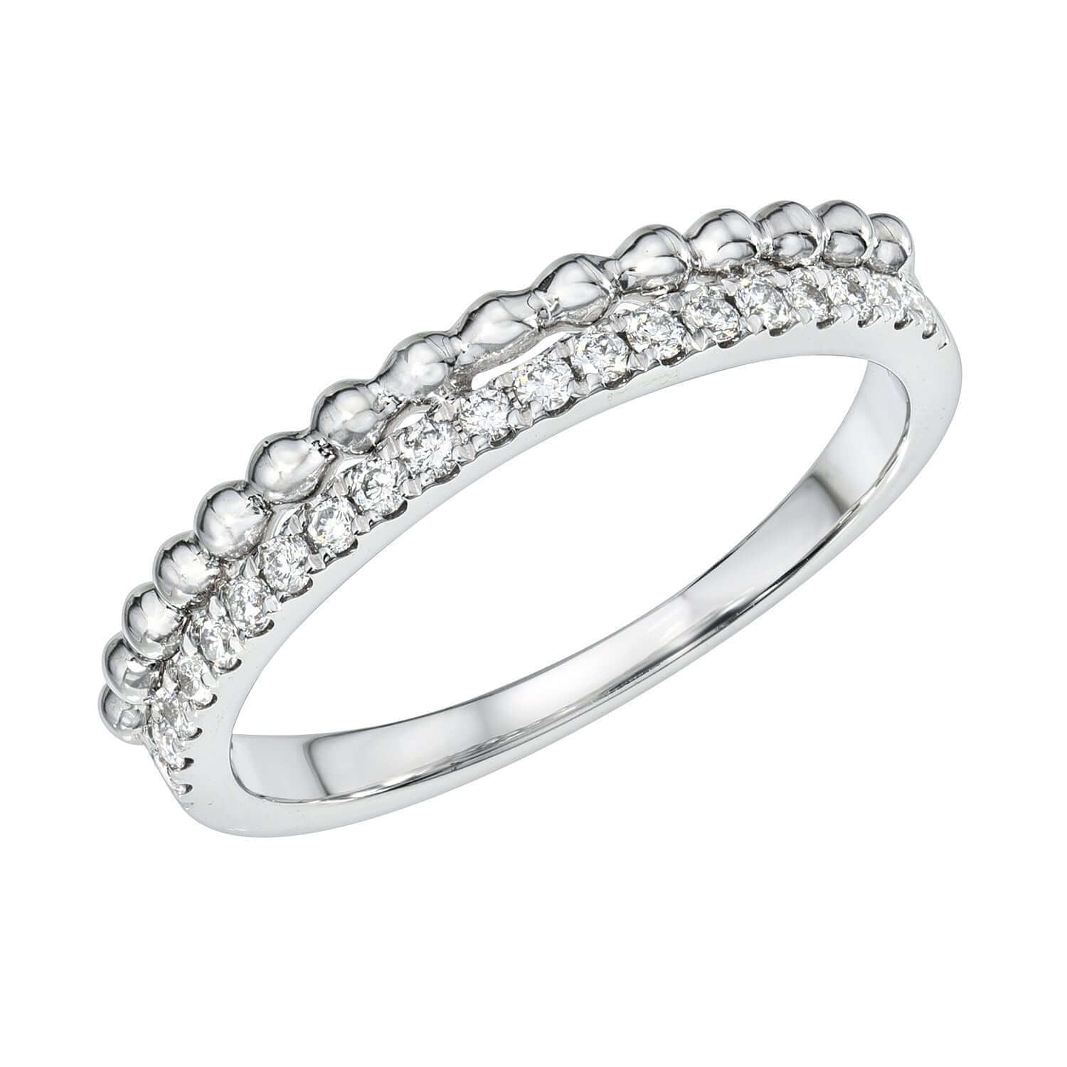 Preorder the Beaded and Pave Diamond Ring from Janet Heller’s collection, featuring a delicate silver band with small round diamonds and a beaded edge for timeless elegance.
