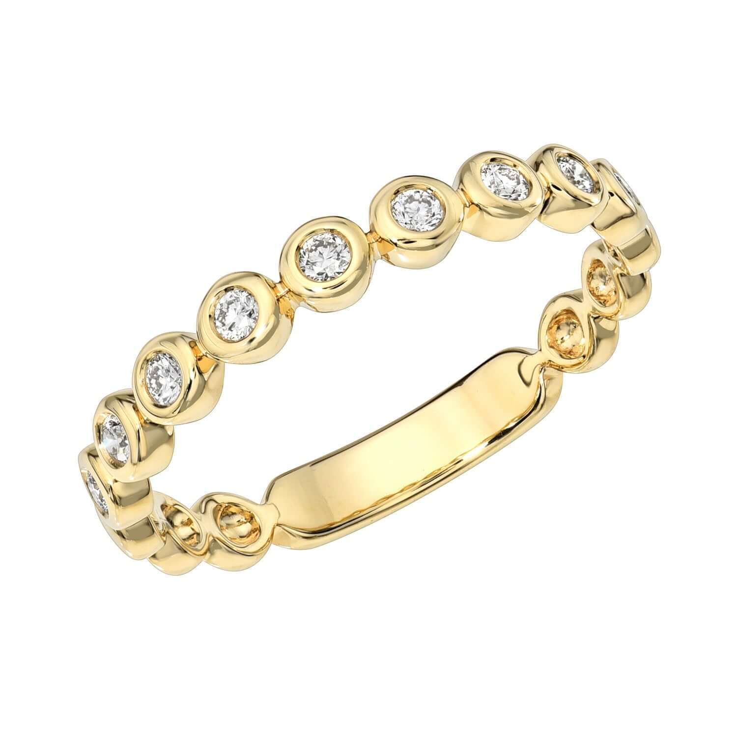 The Diamond Weston Ring by Janet Heller features round, bezel-set diamonds evenly spaced around a gold band with a smooth polished section ideal for engraving, and is available to preorder.