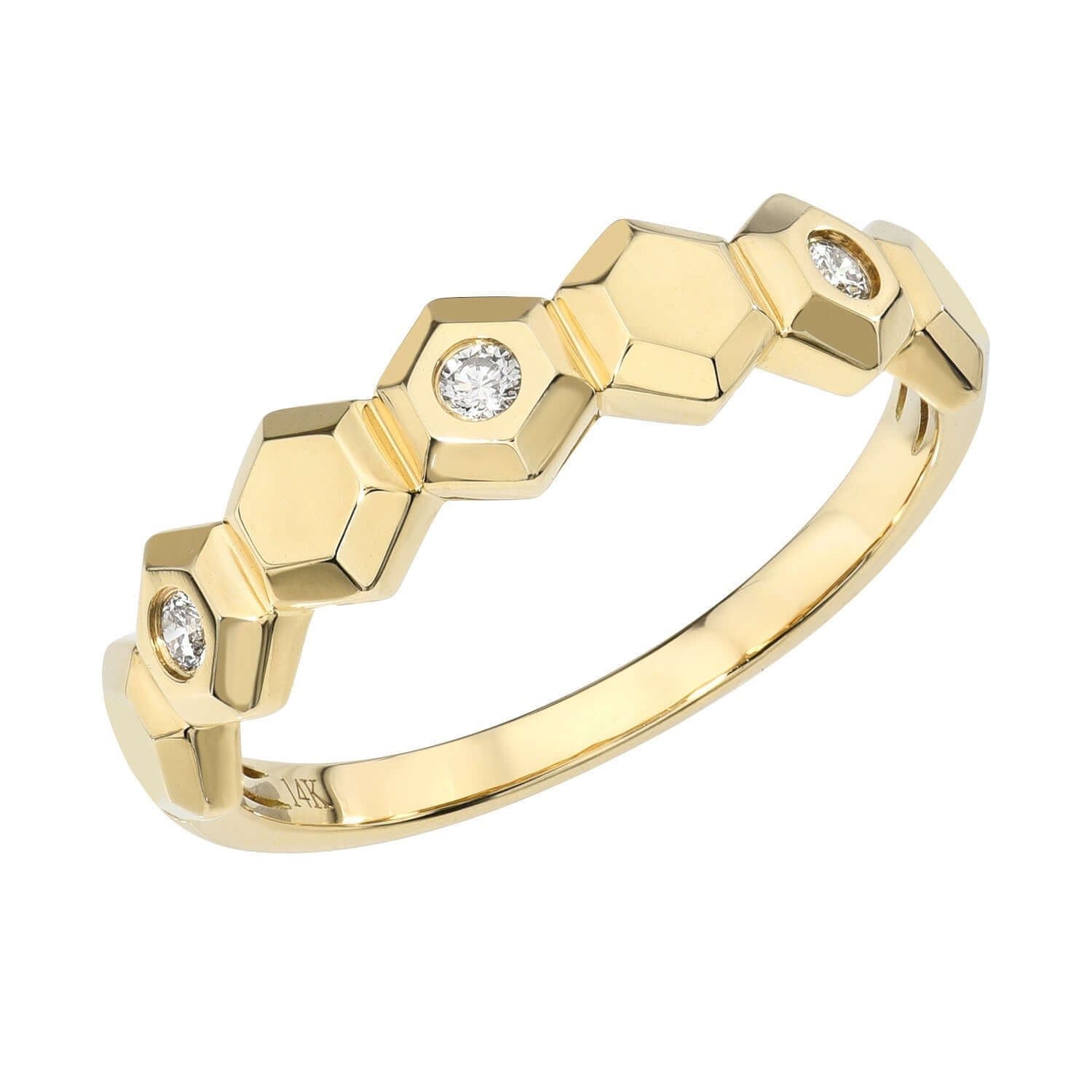 Introducing the Diamond Hexagon Stacking Ring: a gold ring adorned with a hexagonal honeycomb pattern and set with four sparkling diamonds nestled within select hexagons. This distinctive piece from Janet Heller Fine Jewelry is available for preorder—please specify your ring size when you place your order.
