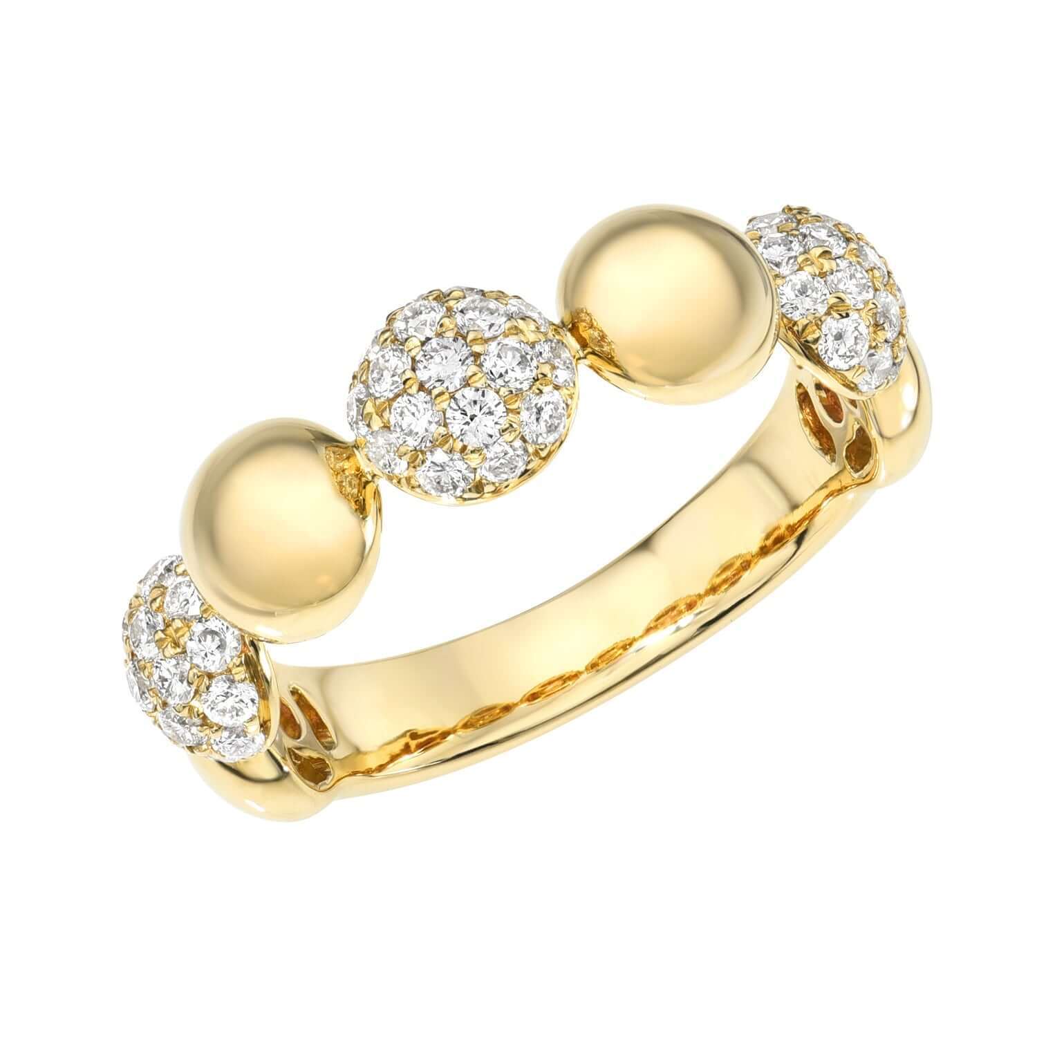 Introducing the Small Alternating Pave Diamond Bubble Ring by Janet Heller Fine Jewelry—a gold ring with alternating clusters of sparkling pave-set diamonds and polished gold bubbles, offering a modern, elegant look. This preorder piece is available in your preferred ring size.
