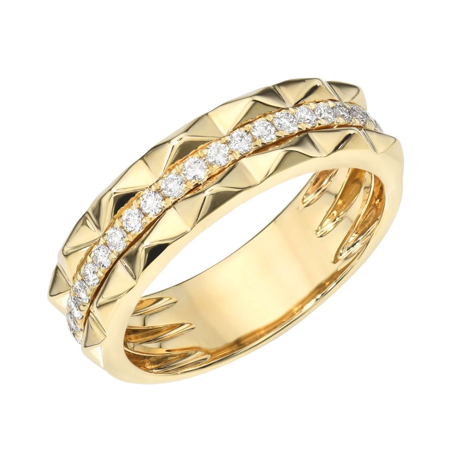 The Diamond Pyramid Triple Row Ring by Janet Heller showcases a geometric pyramid pattern and triple rows of sparkling round diamonds—an exquisite gold ring available for preorder.