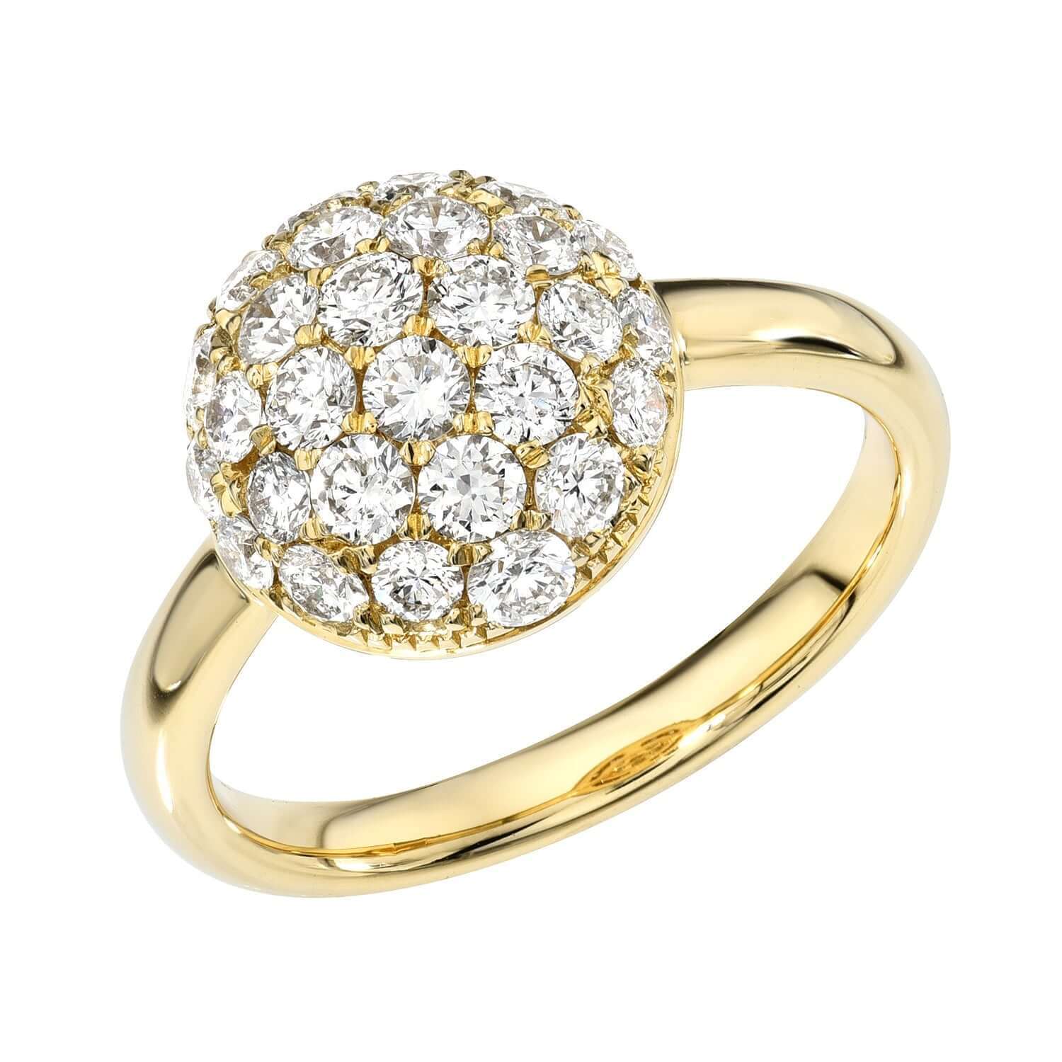 The Pave Diamond Bubble Disc Ring from Janet Heller’s fine jewelry collection features a dome-shaped top encrusted with multiple round white diamonds set closely together for a sparkling, clustered effect. This stunning preorder ring captures timeless elegance in every detail.