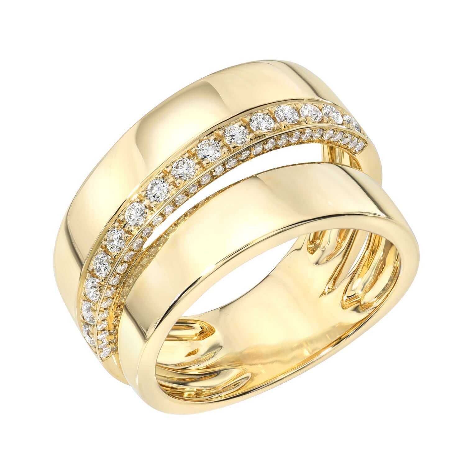 The Double Cigar Band Diamond Ring by Janet Heller showcases a wide gold split design with diamonds set on the upper band. This polished, reflective ring is available for preorder.
