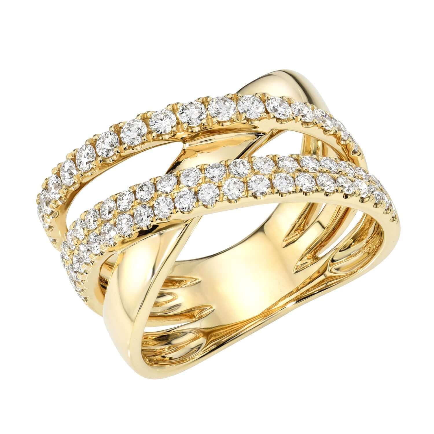 Introducing the Diamond Bridge Ring by Janet Heller—a stunning gold ring featuring three crisscrossing bands, two adorned with small sparkling diamonds. Available now as a preorder piece of fine jewelry.