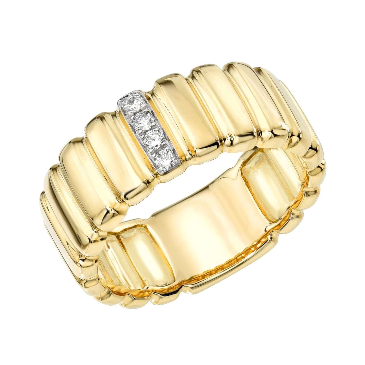 The Diamond Ridge Rio Ring by Janet Heller features a wide, ribbed gold band with three round diamonds set vertically at the center. Preorder this elegant fine jewelry piece today.