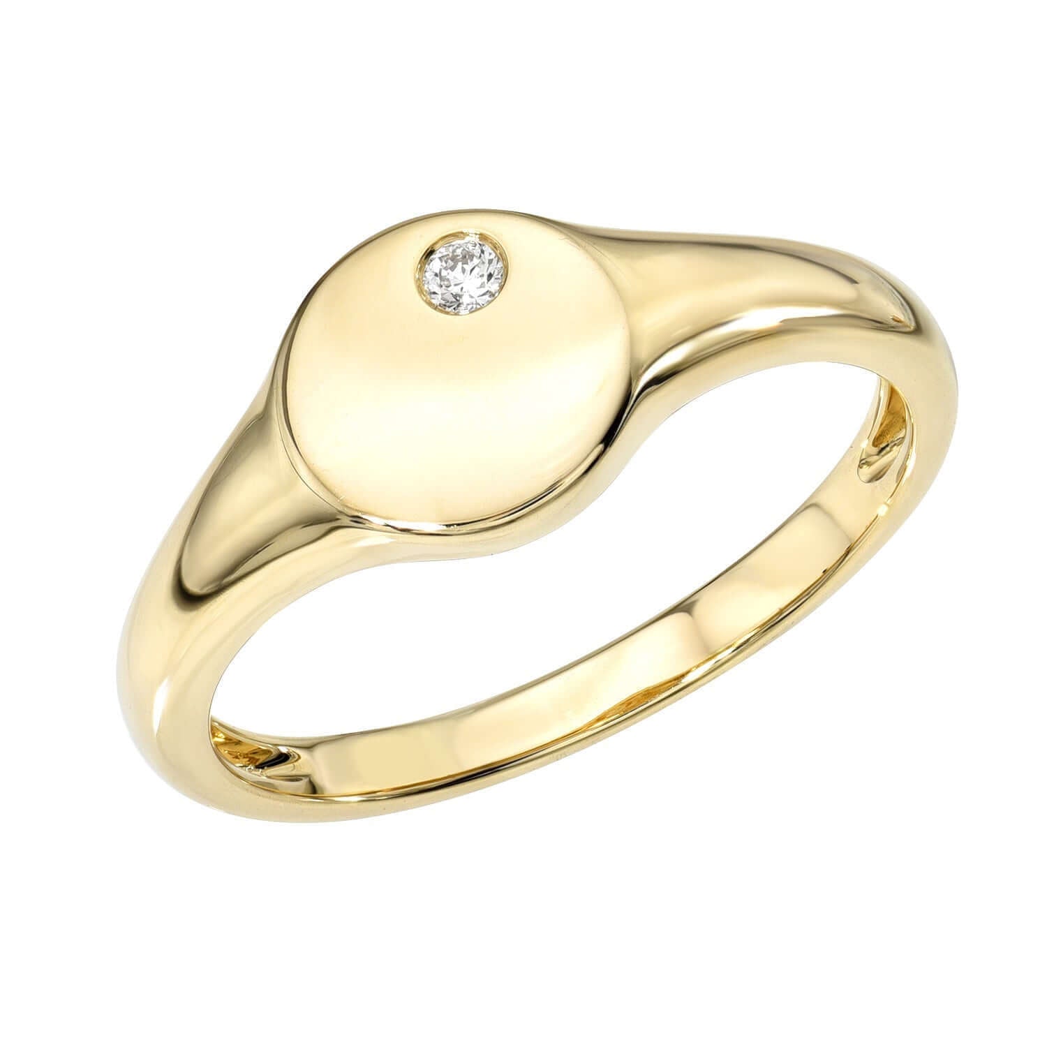 Introducing the Single Diamond Signet Ring from Janet Heller Fine Jewelry—a gold signet ring with a smooth, round face featuring a single small diamond set near the edge. Available in your preferred ring size; please contact us to preorder.