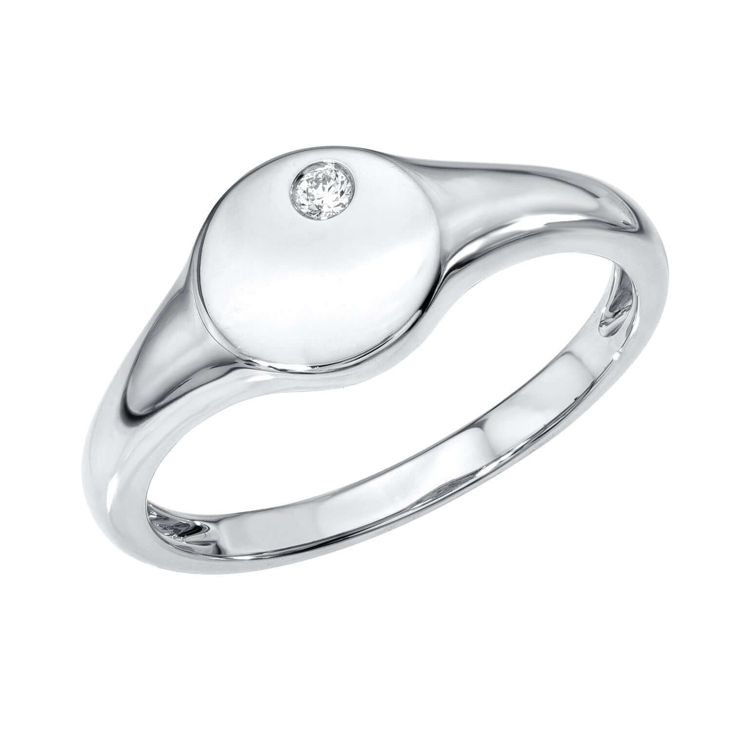 Introducing the Single Diamond Signet Ring—a sleek silver ring designed by Janet Heller, featuring a smooth, round top with a single small diamond set off-center. The polished band catches and reflects light beautifully, offering an elegant piece of fine jewelry. Available for preorder, this ring embodies understated luxury perfect for any occasion.