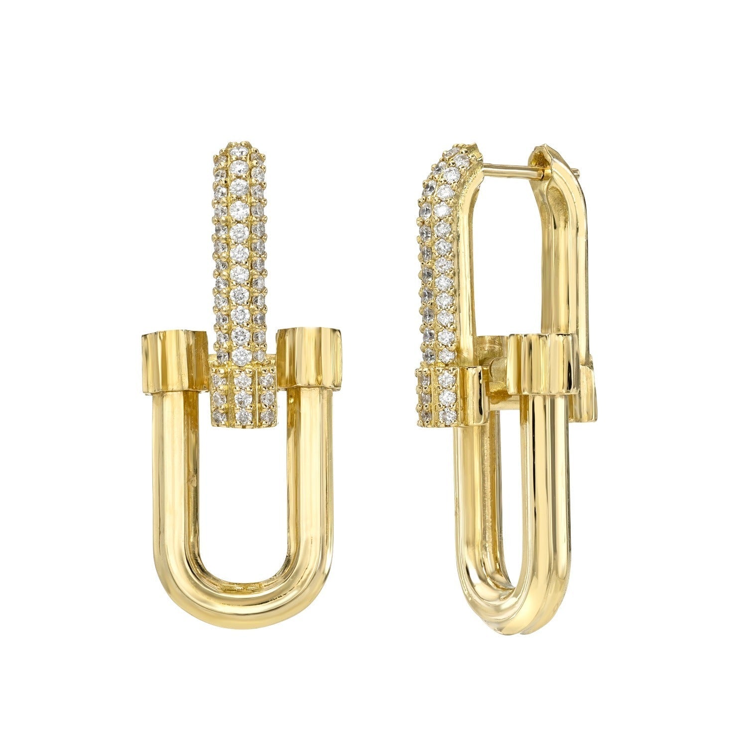 Jumbo Double Diamond Link Earrings—crafted in 14KT gold—feature a modern, geometric silhouette with rectangular hoops and vertical bars encrusted with small, sparkling diamonds. These highly polished statement earrings are reflective and elegant, elevating any look with their contemporary flair.