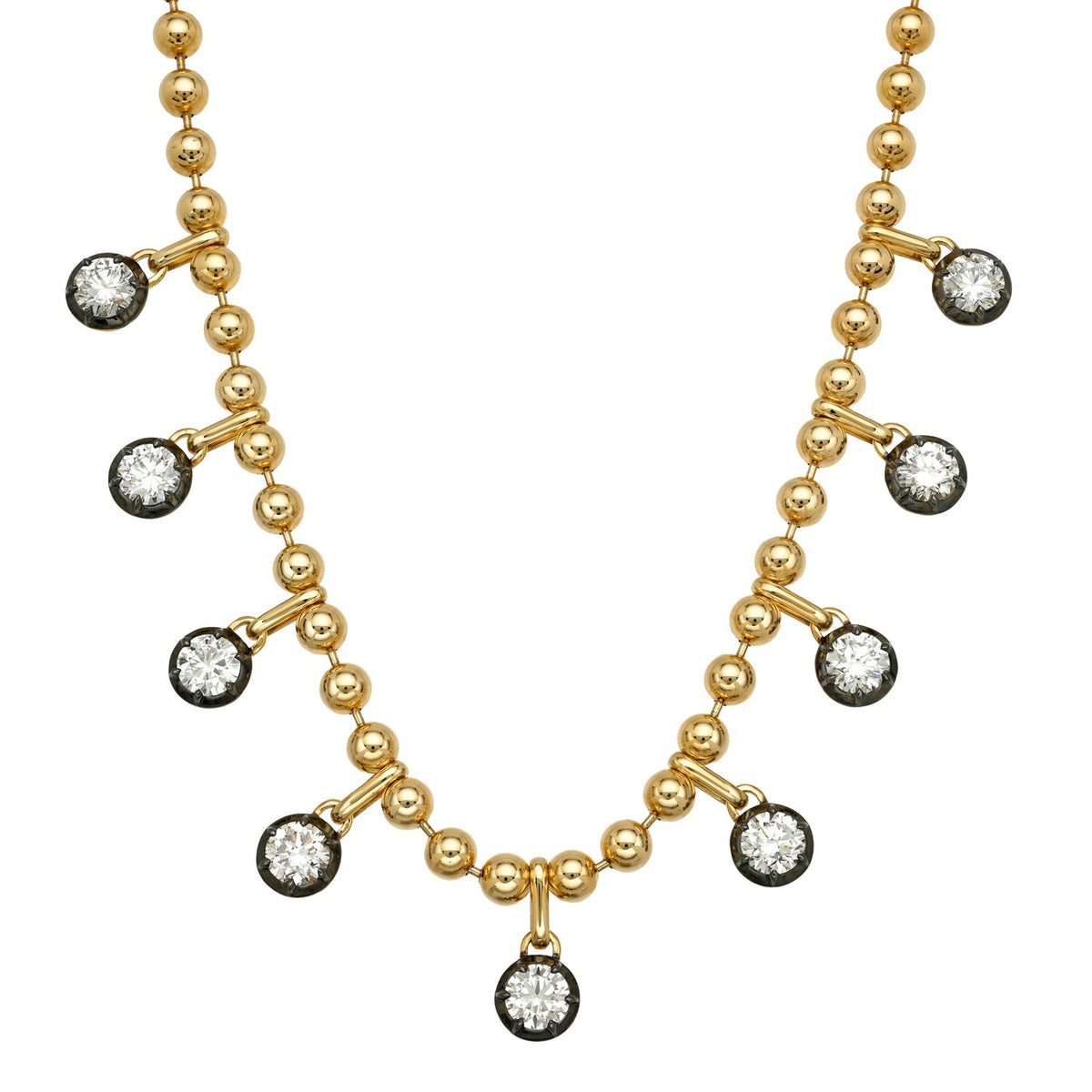 Lab Diamond Bezel Bead Chain Necklace featuring seven round, bezel-set lab diamond charms hanging at intervals.