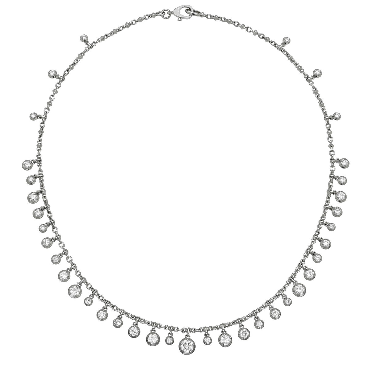 A silver Lab Diamond Dangle Britt necklace featuring a series of small, dangling round-cut lab diamond gemstones.