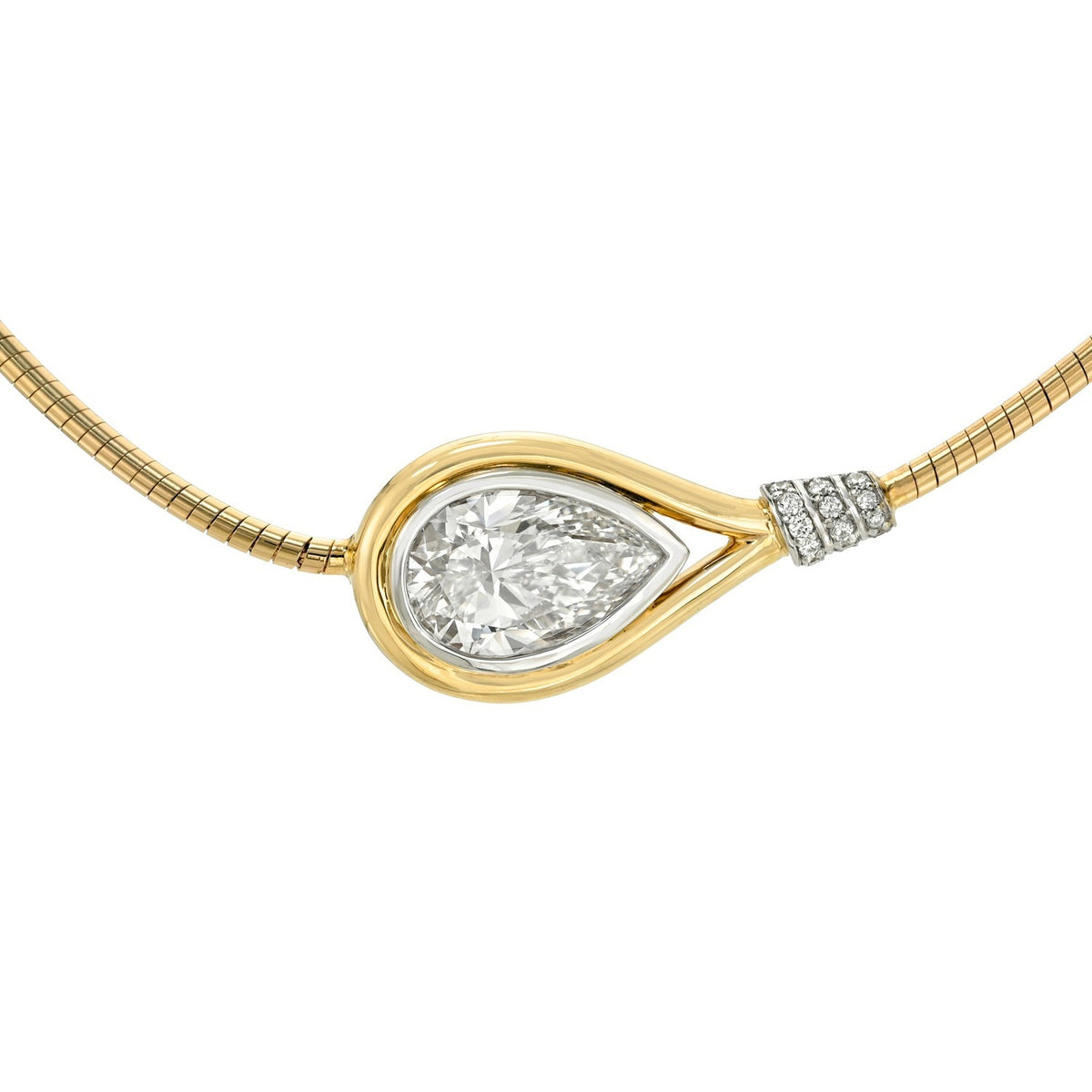 Lab Diamond Flexible Tube Necklace featuring a pear-shaped lab diamond on a gold flexible tube chain with a gold and silver teardrop setting accented with small diamonds.