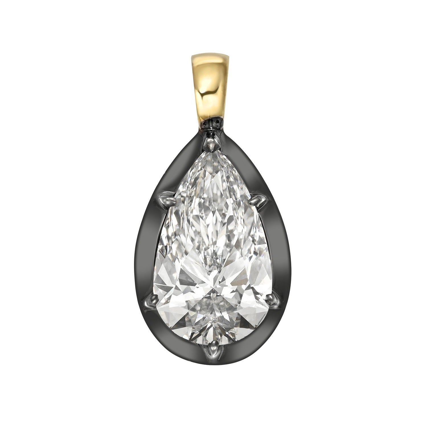 Presenting the Lab Grown Pear Diamond Black Rhodium Charm: a pendant featuring a teardrop-shaped lab grown pear diamond elegantly set within a black rhodium charm frame and finished with a gold bail at the top, capturing the sophistication of fine jewelry.