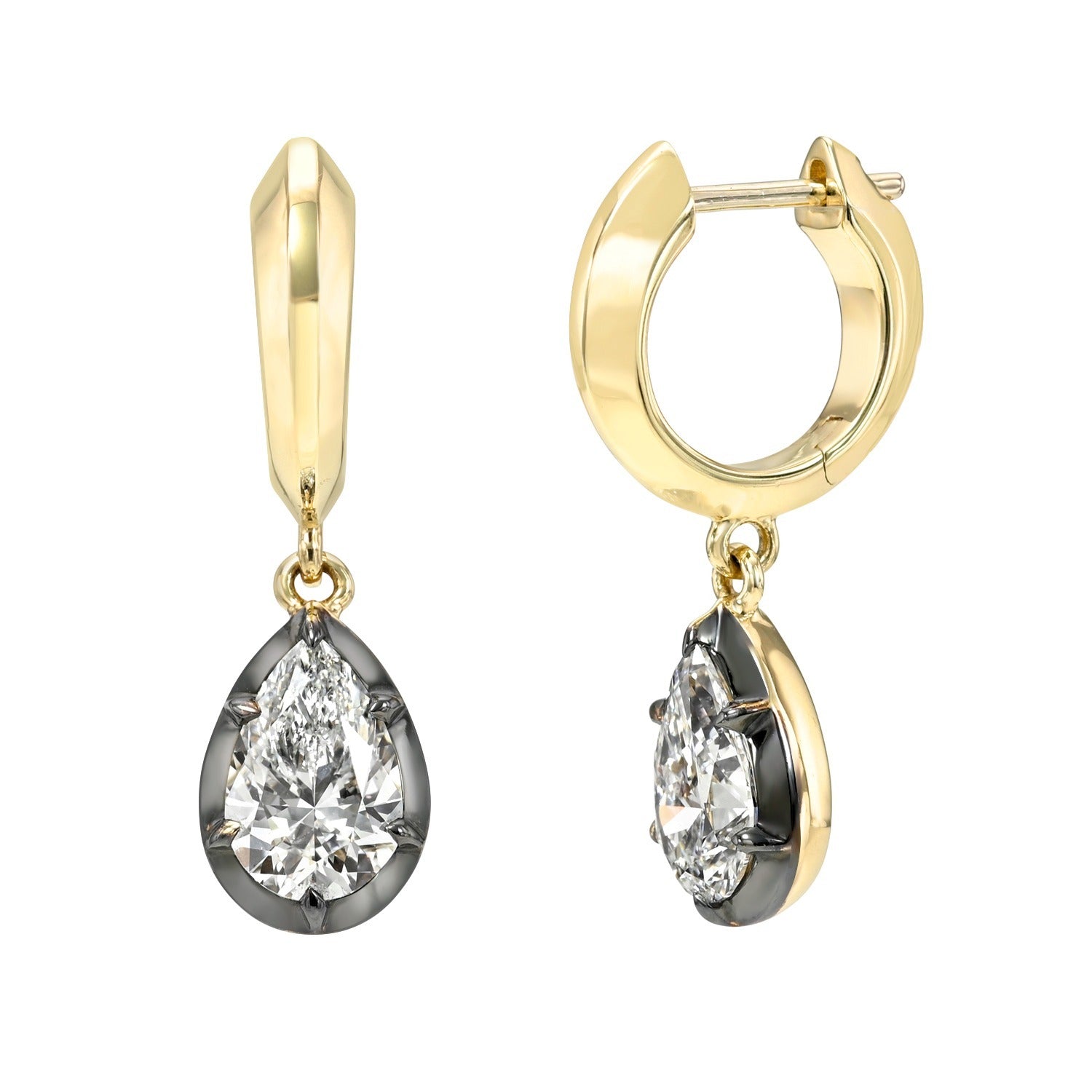 Lab Grown Pear Diamond Black Rhodium Earrings featuring pear-shaped lab grown diamonds set in elegant black and gold prong settings, displayed from both front and side views on a white background. These sophisticated earrings blend the timeless appeal of classic hoops with contemporary black rhodium detailing, making them a striking accessory for any occasion.